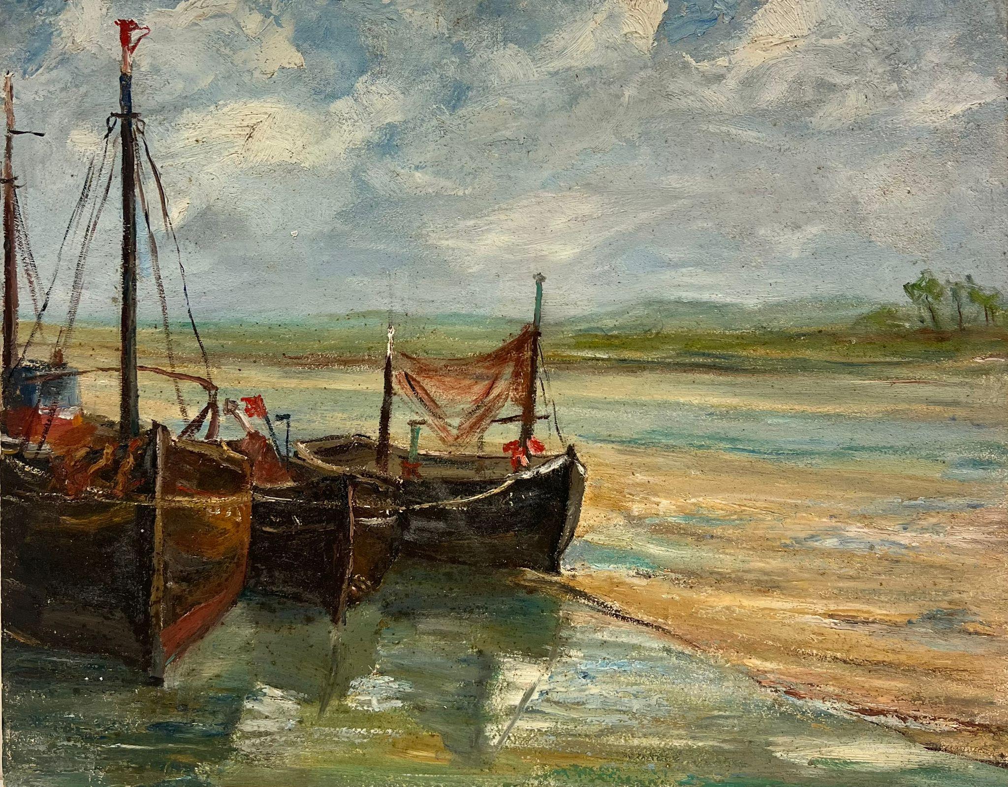 1930er Jahre Französisch Impressionist Öl Fischerboote gestrandet in Mündung