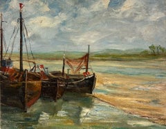 1930's French Impressionist Oil Fishing Boats Beached in Estuary