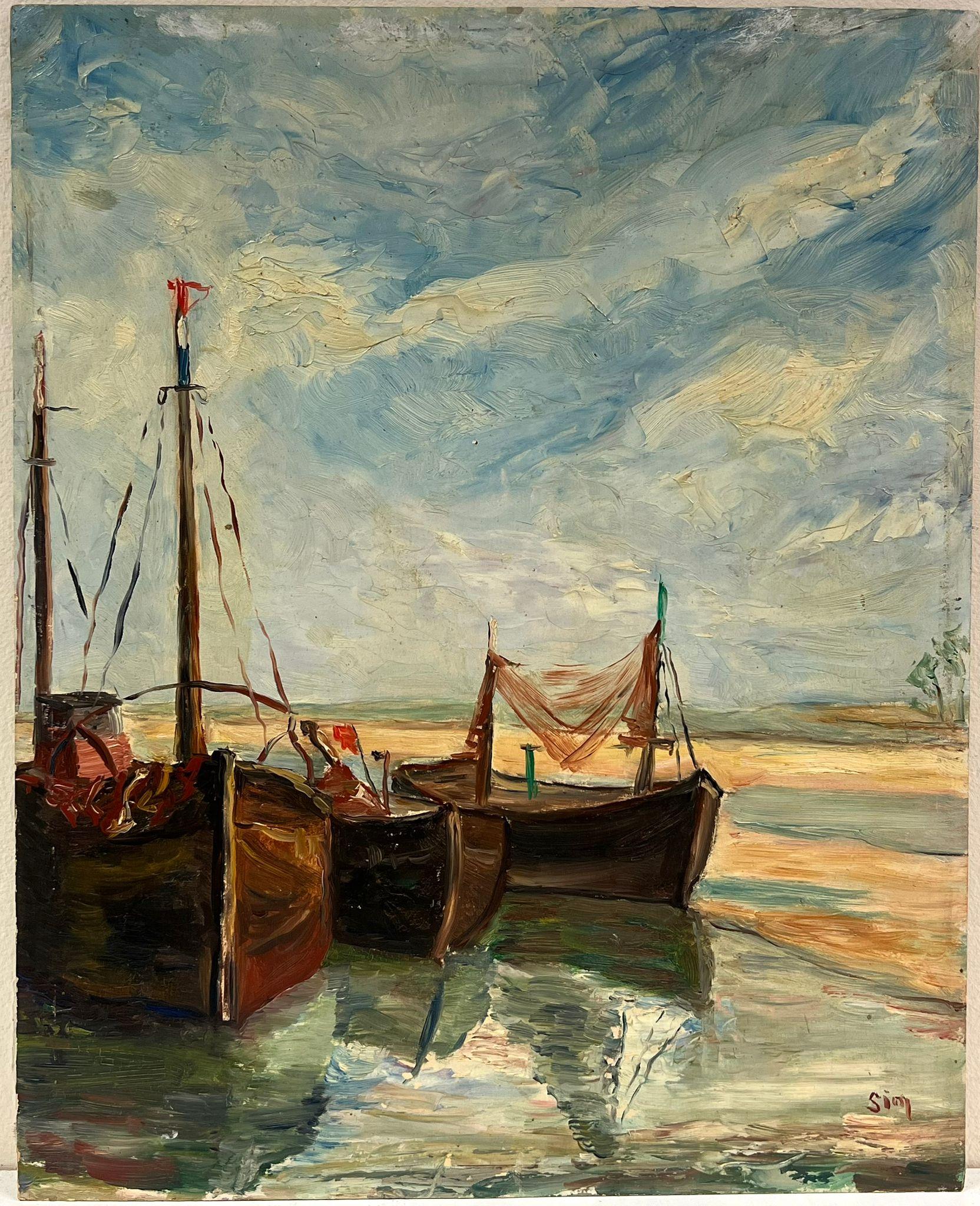 Französisches impressionistisches Öl-Fischboot, 1930er Jahre, Fischenboote, Trocknungsnetz, Strandufer – Painting von Simone Forge