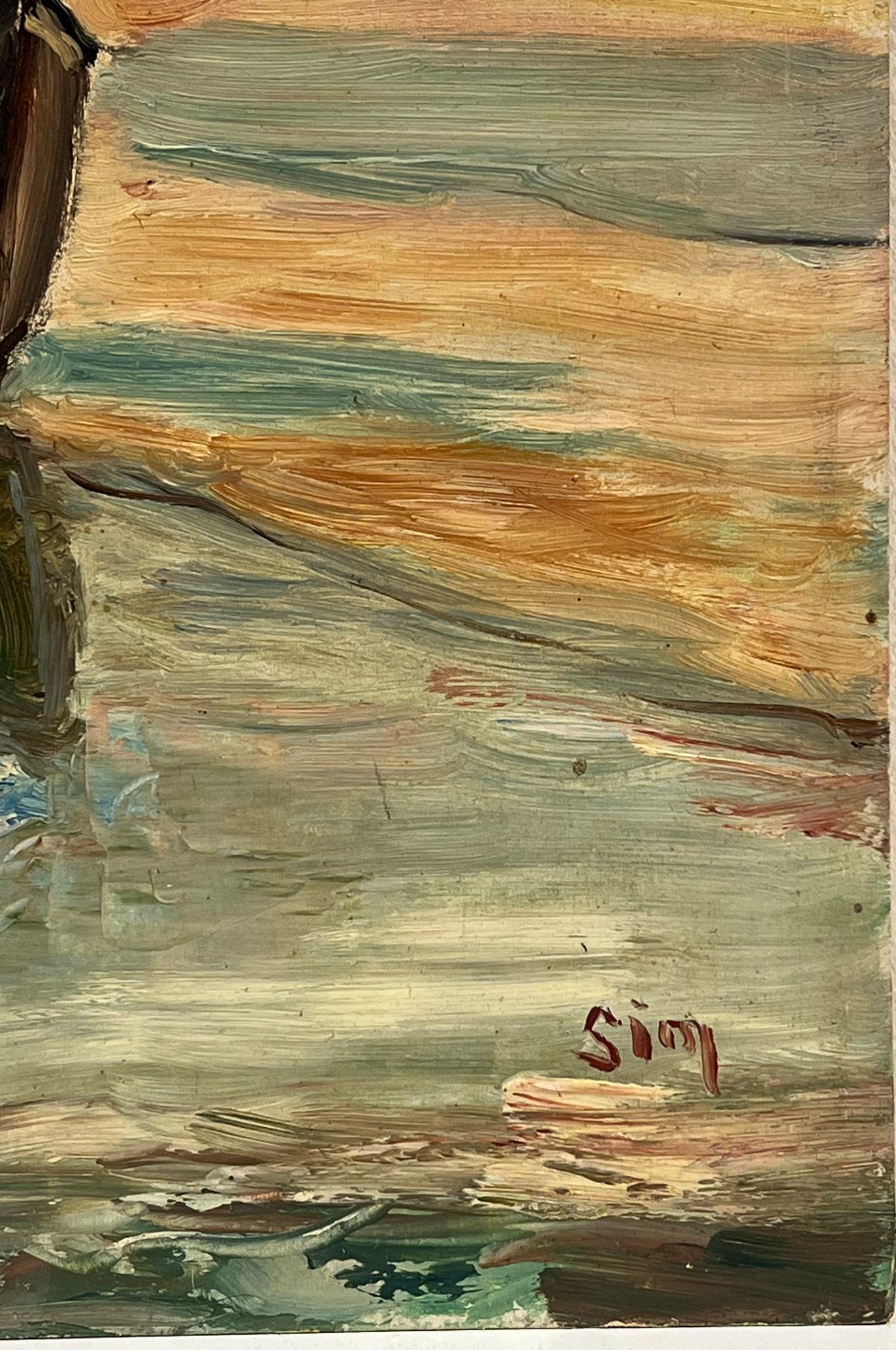 Französisches impressionistisches Öl-Fischboot, 1930er Jahre, Fischenboote, Trocknungsnetz, Strandufer (Impressionismus), Painting, von Simone Forge