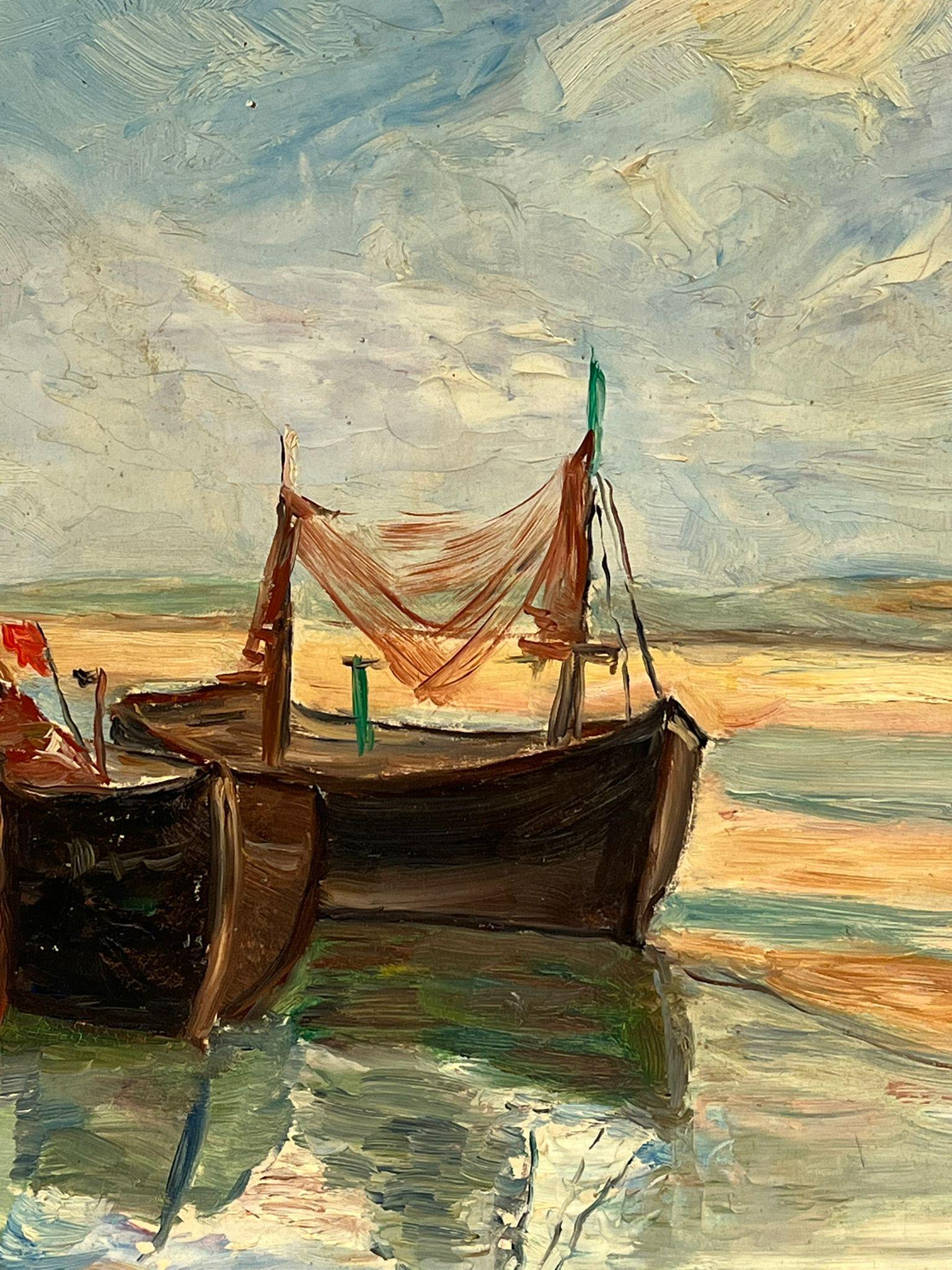 Französisches impressionistisches Öl-Fischboot, 1930er Jahre, Fischenboote, Trocknungsnetz, Strandufer im Angebot 1