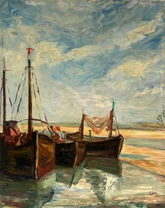 1930's French Impressionist Oil Fishing Boats Drying Nets Beached Estuary