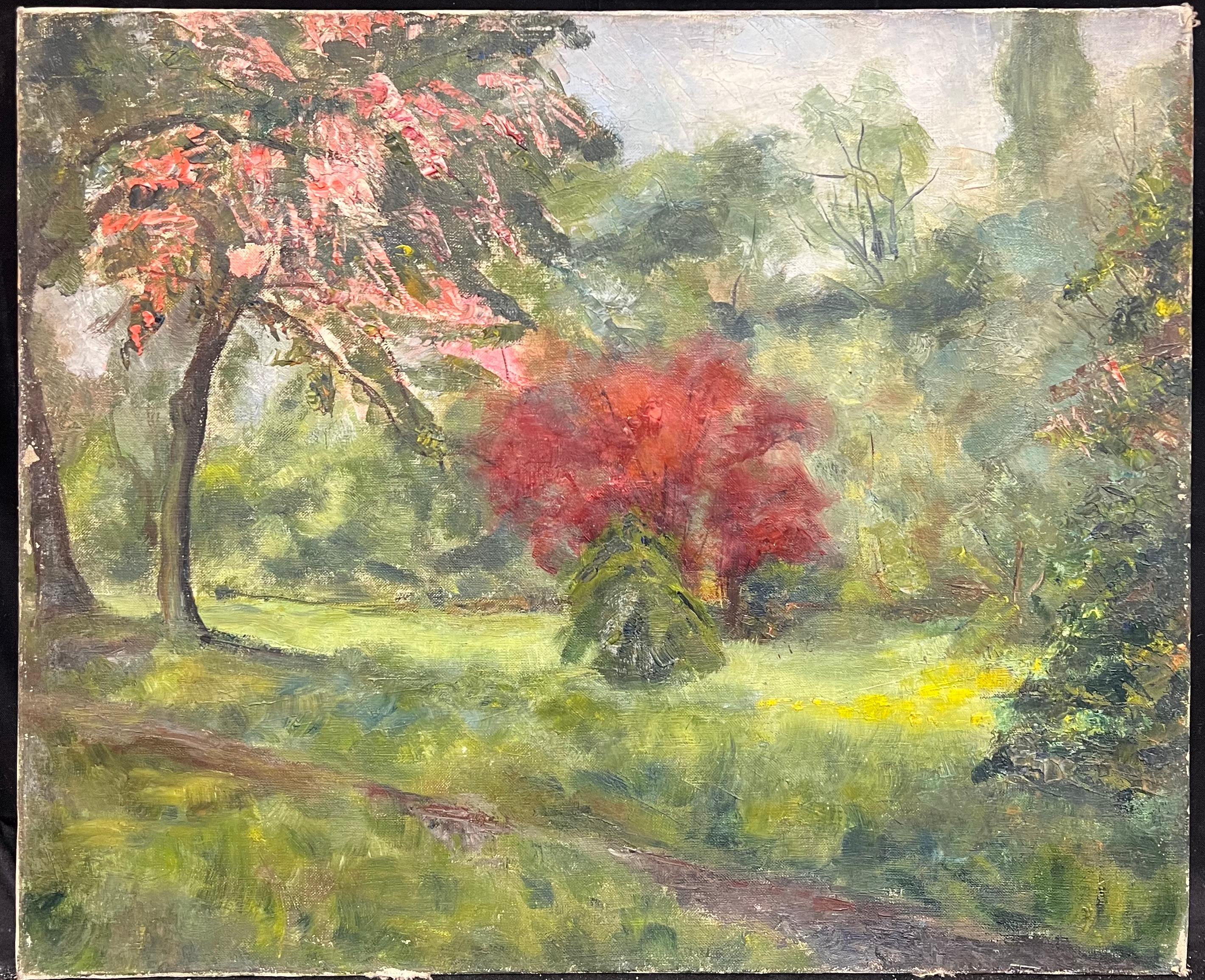 1930's French Impressionist Ölgemälde Bright & Colorful Ornamental Trees – Painting von Simone Forge