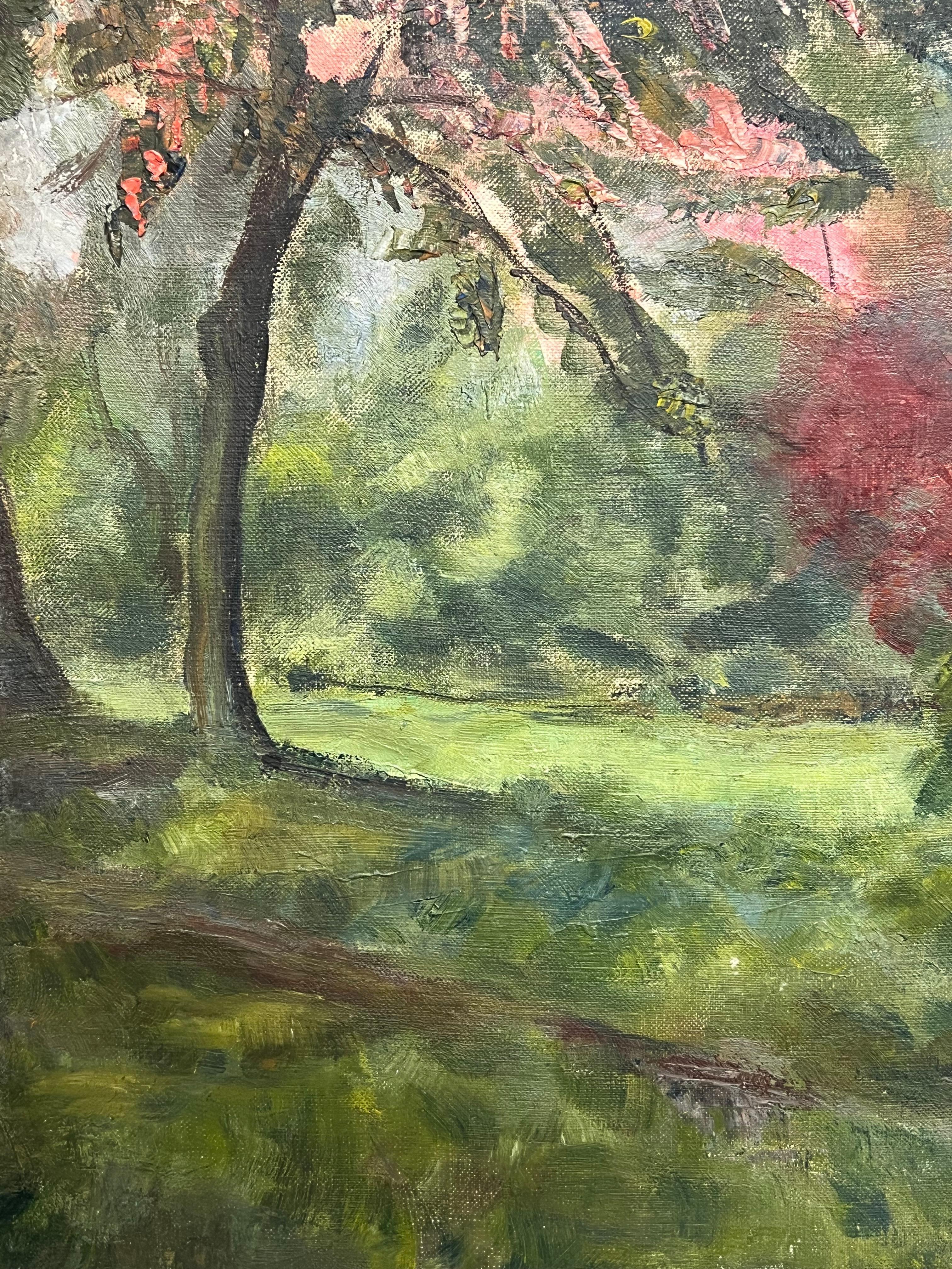 1930's French Impressionist Ölgemälde Bright & Colorful Ornamental Trees im Angebot 1