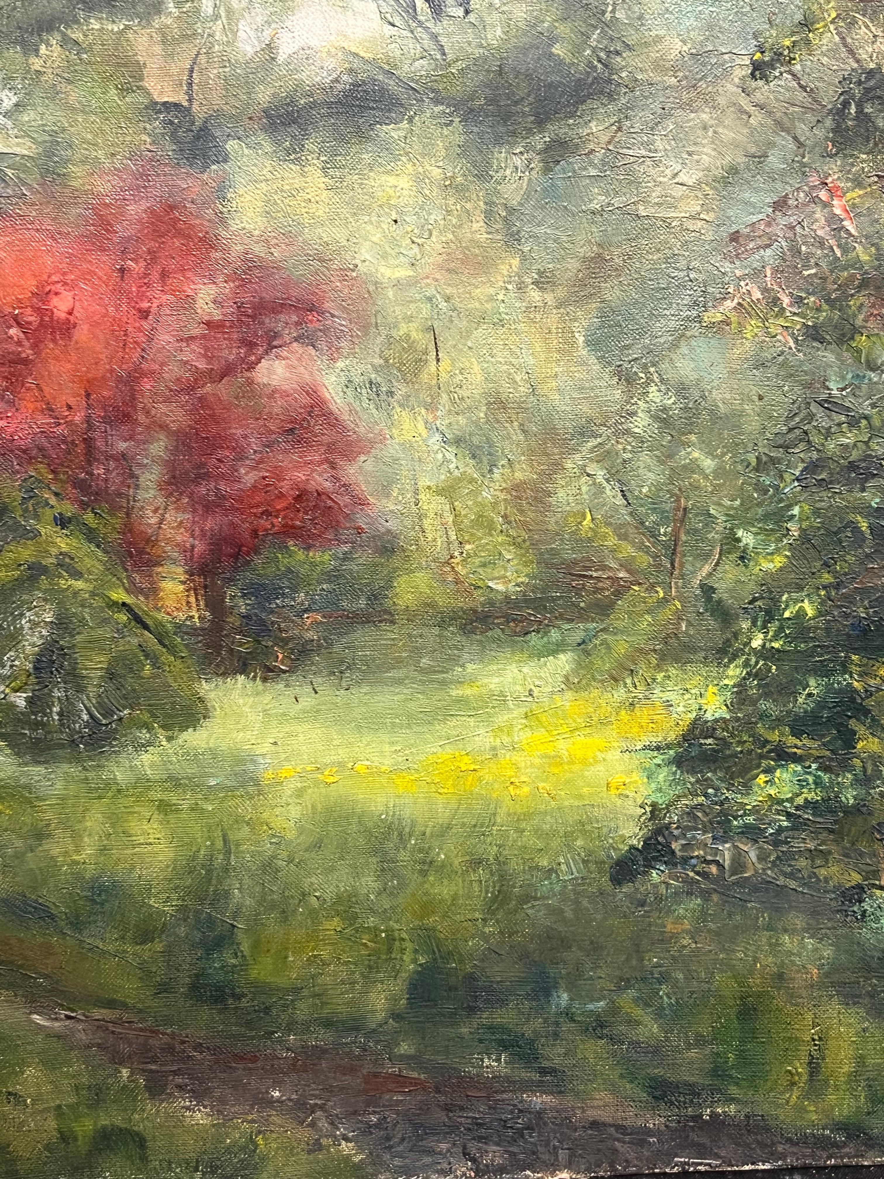 1930's French Impressionist Ölgemälde Bright & Colorful Ornamental Trees im Angebot 2
