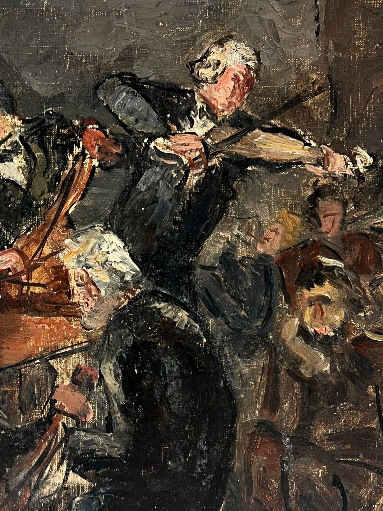 1930's French Impressionist Oil The Musical Band Orchestra Playing - Black Portrait Painting by Simone Forge