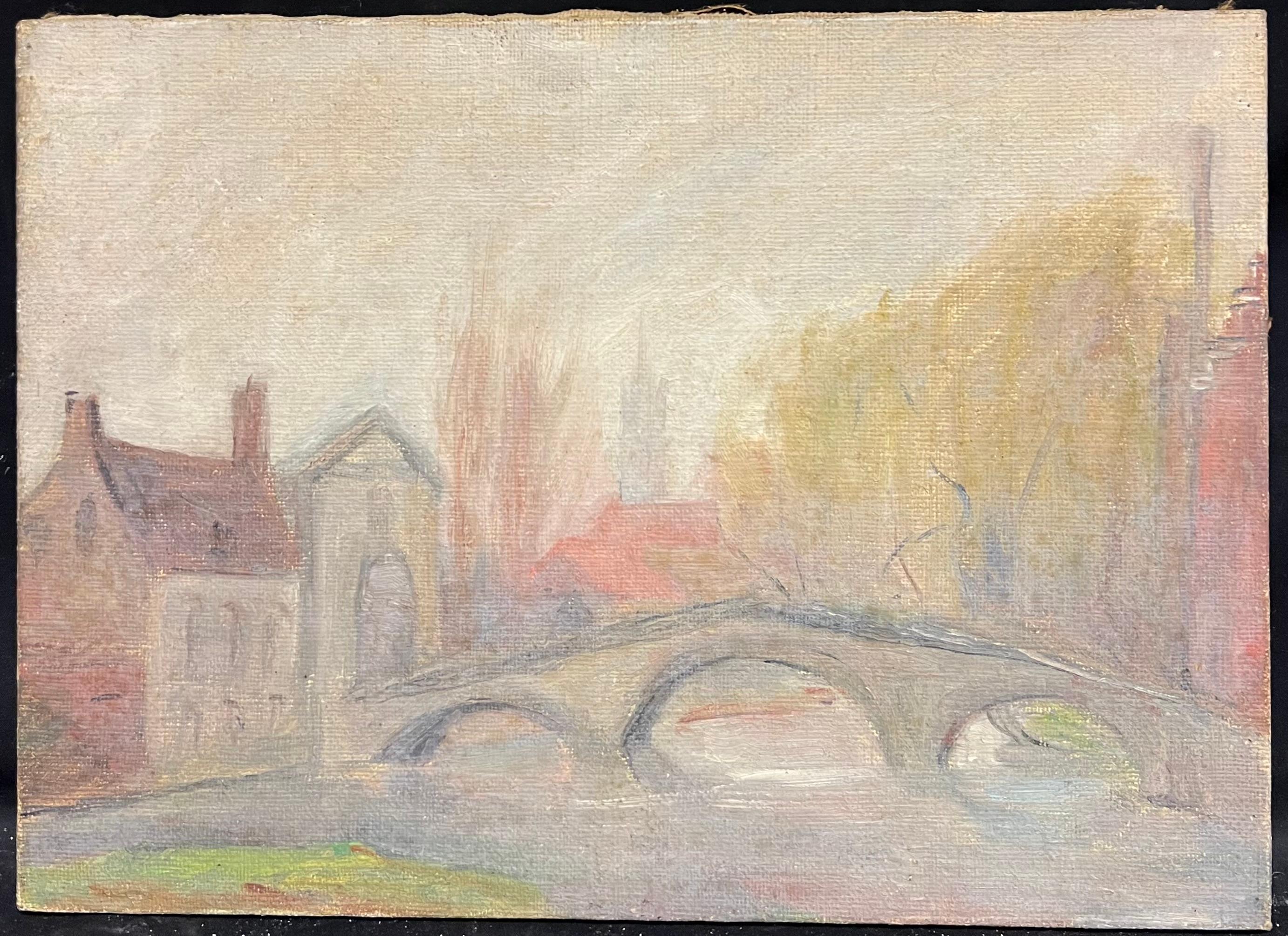 1930's French Impressionist Rendered Bridge Scene with Hazy Autumn Trees - Painting by Simone Forge
