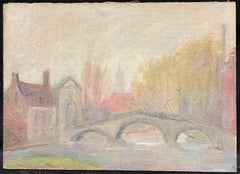 1930's French Impressionist Rendered Bridge Scene with Hazy Autumn Trees