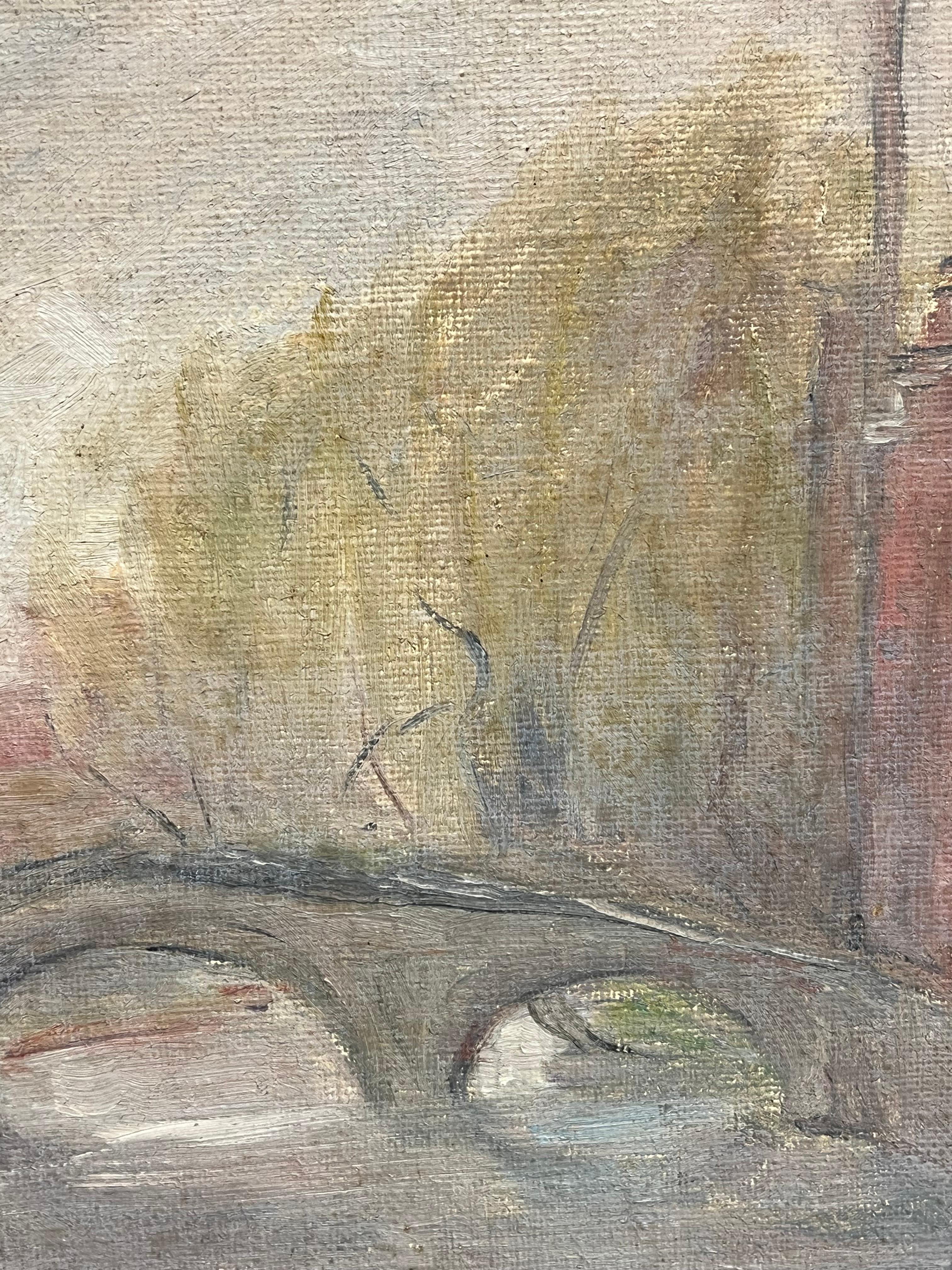 1930's French Impressionist Rendered Bridge Scene with Hazy Autumn Trees - Beige Landscape Painting by Simone Forge