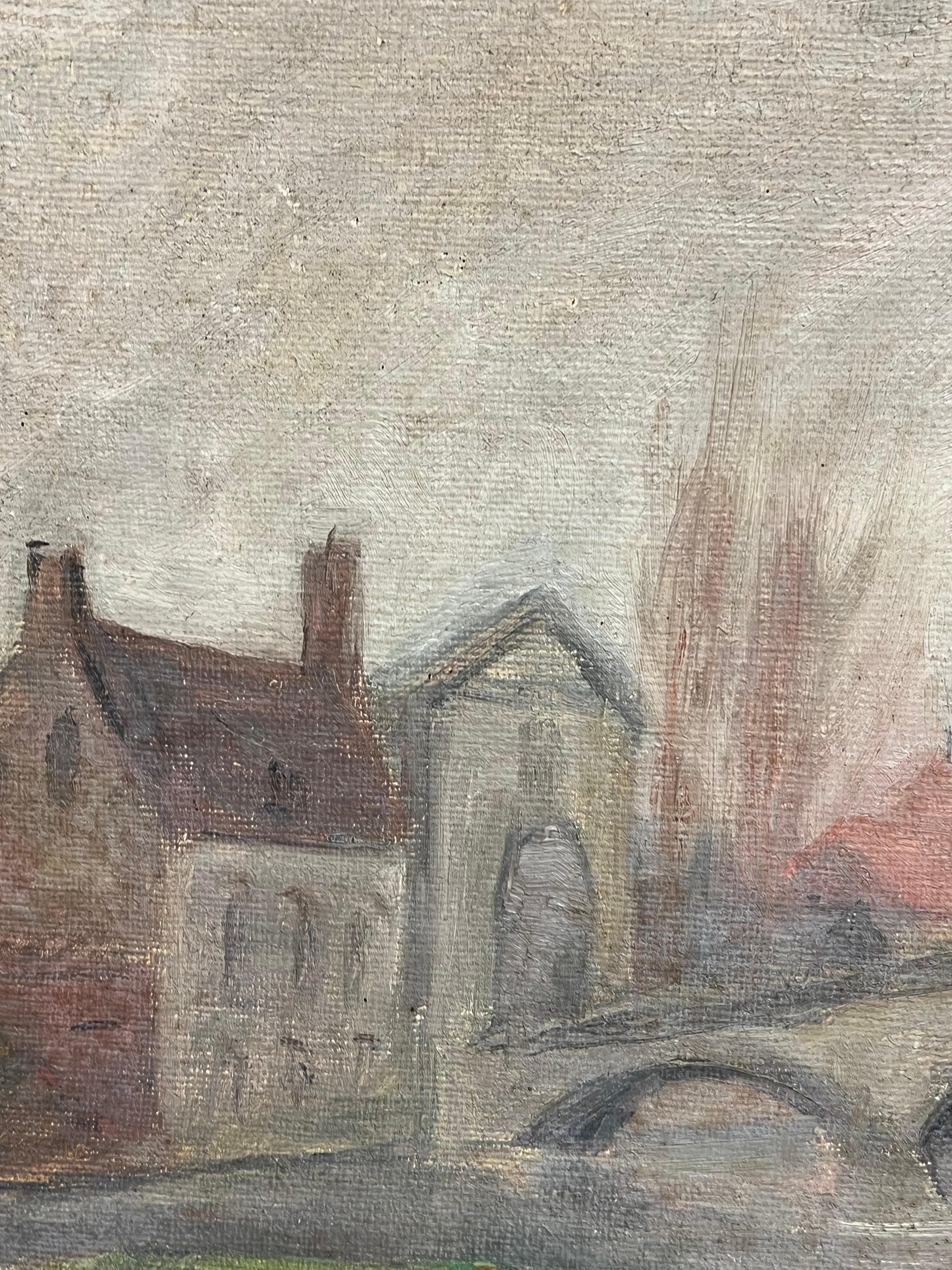 1930's French Impressionist Rendered Bridge Scene with Hazy Autumn Trees For Sale 1