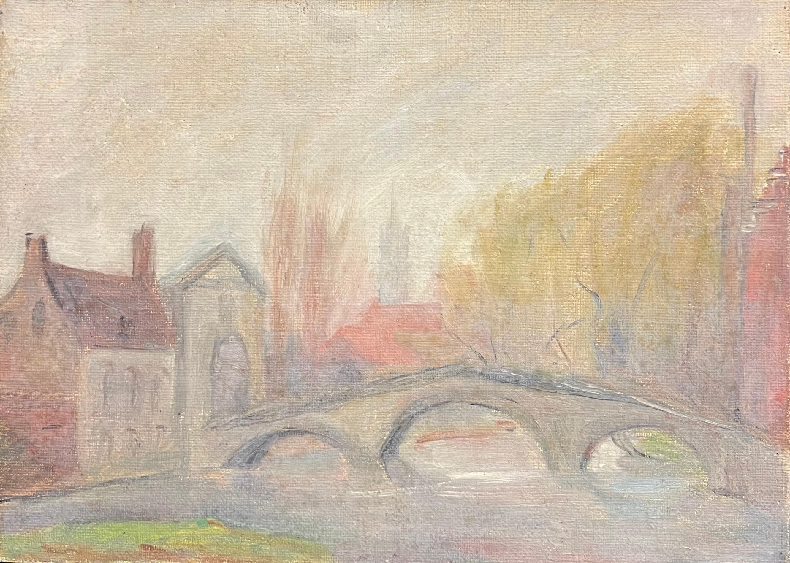 Simone Forge Landscape Painting - 1930's French Impressionist Rendered Bridge Scene with Hazy Autumn Trees