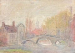 Scène de pont impressionniste française des années 1930 avec arbres d'automne Hazy