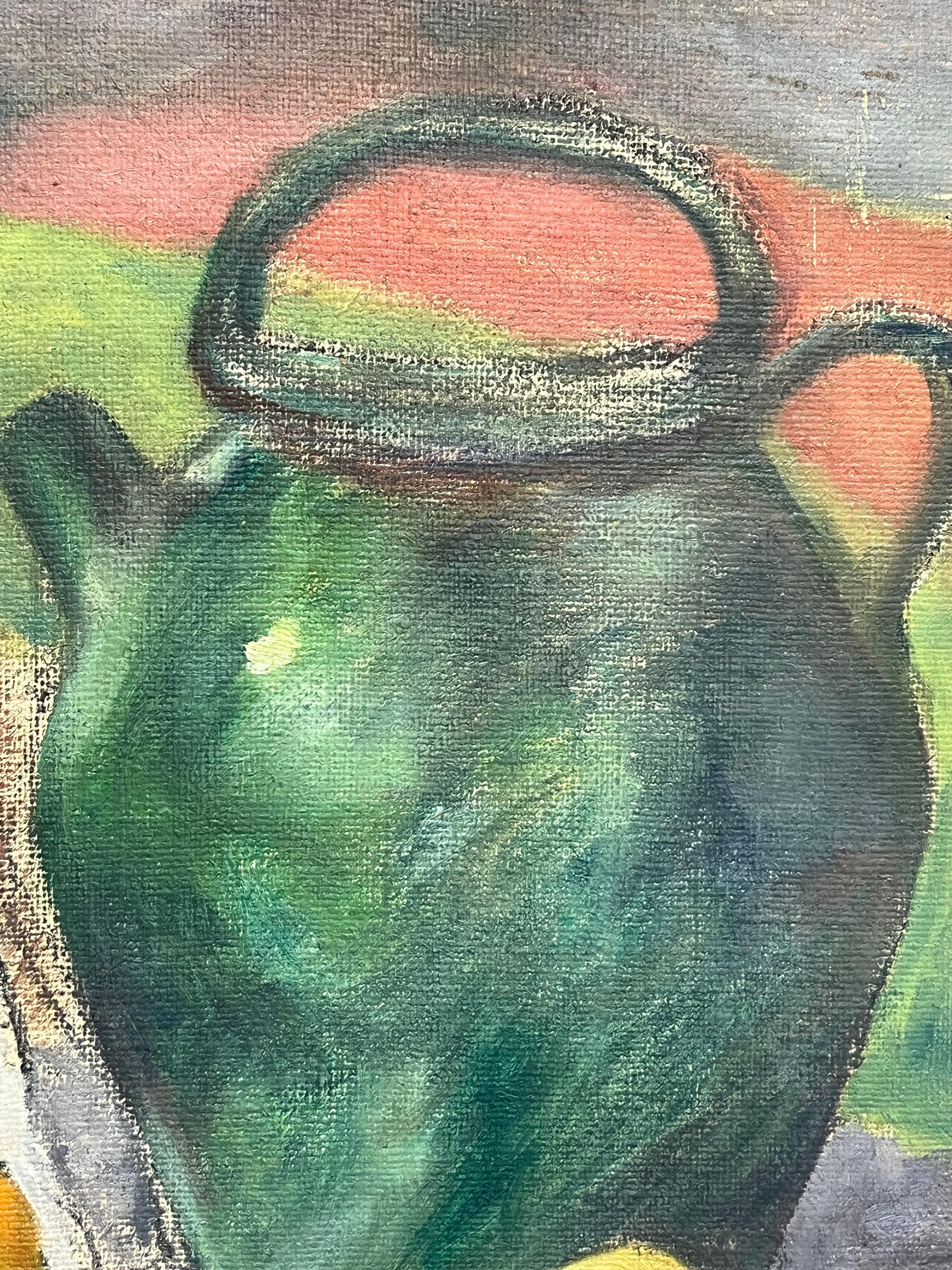 1930's French Impressionist Still Life with Green Jug and Assorted Apples & Pear - Brown Interior Painting by Simone Forge