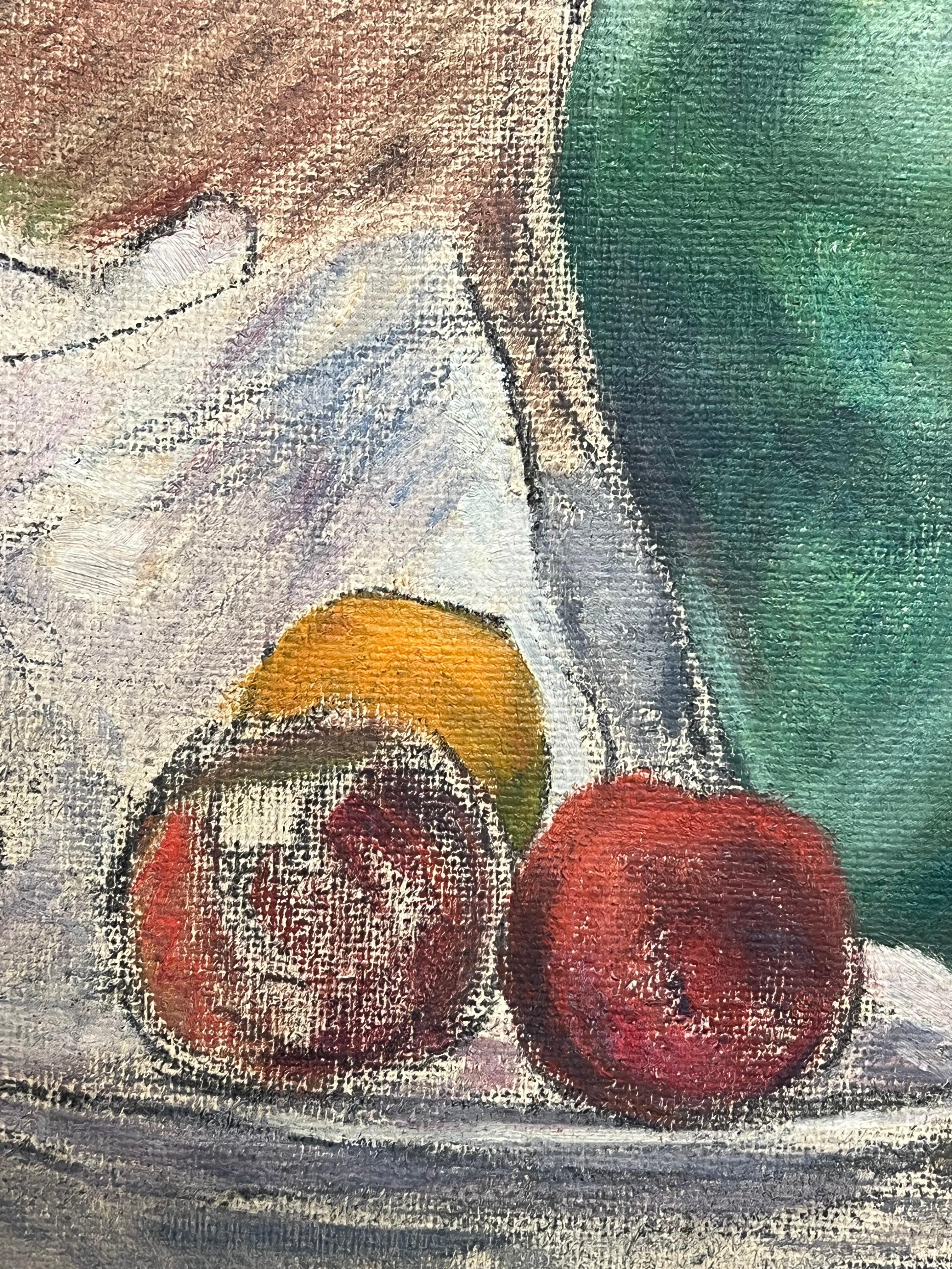 1930's French Impressionist Still Life with Green Jug and Assorted Apples & Pear For Sale 1