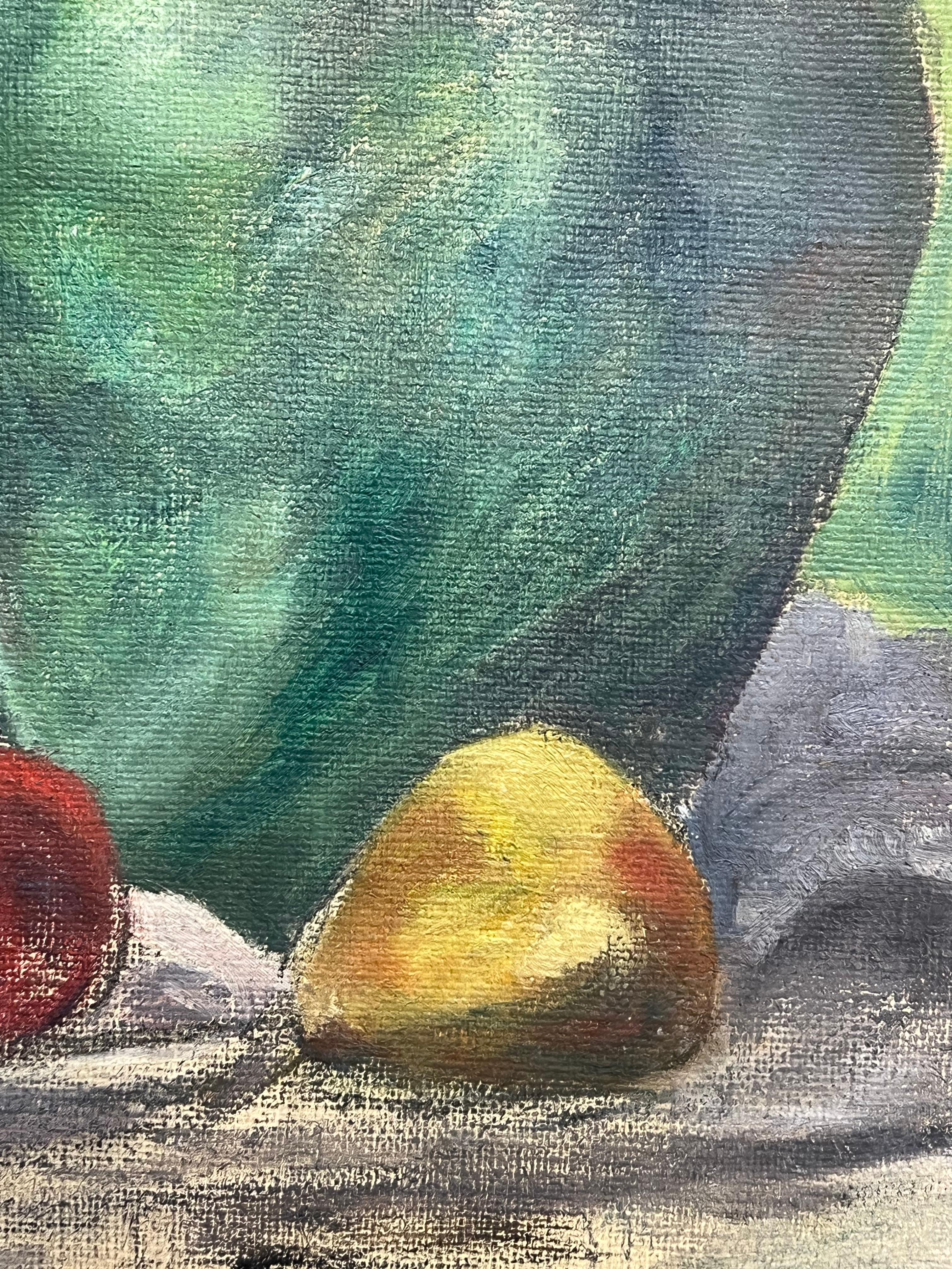 1930's French Impressionist Still Life with Green Jug and Assorted Apples & Pear For Sale 2