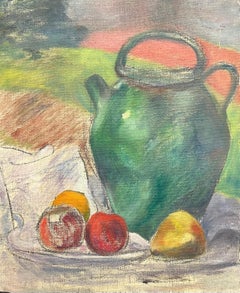 1930's French Impressionist Still Life with Green Jug and Assorted Apples & Pear