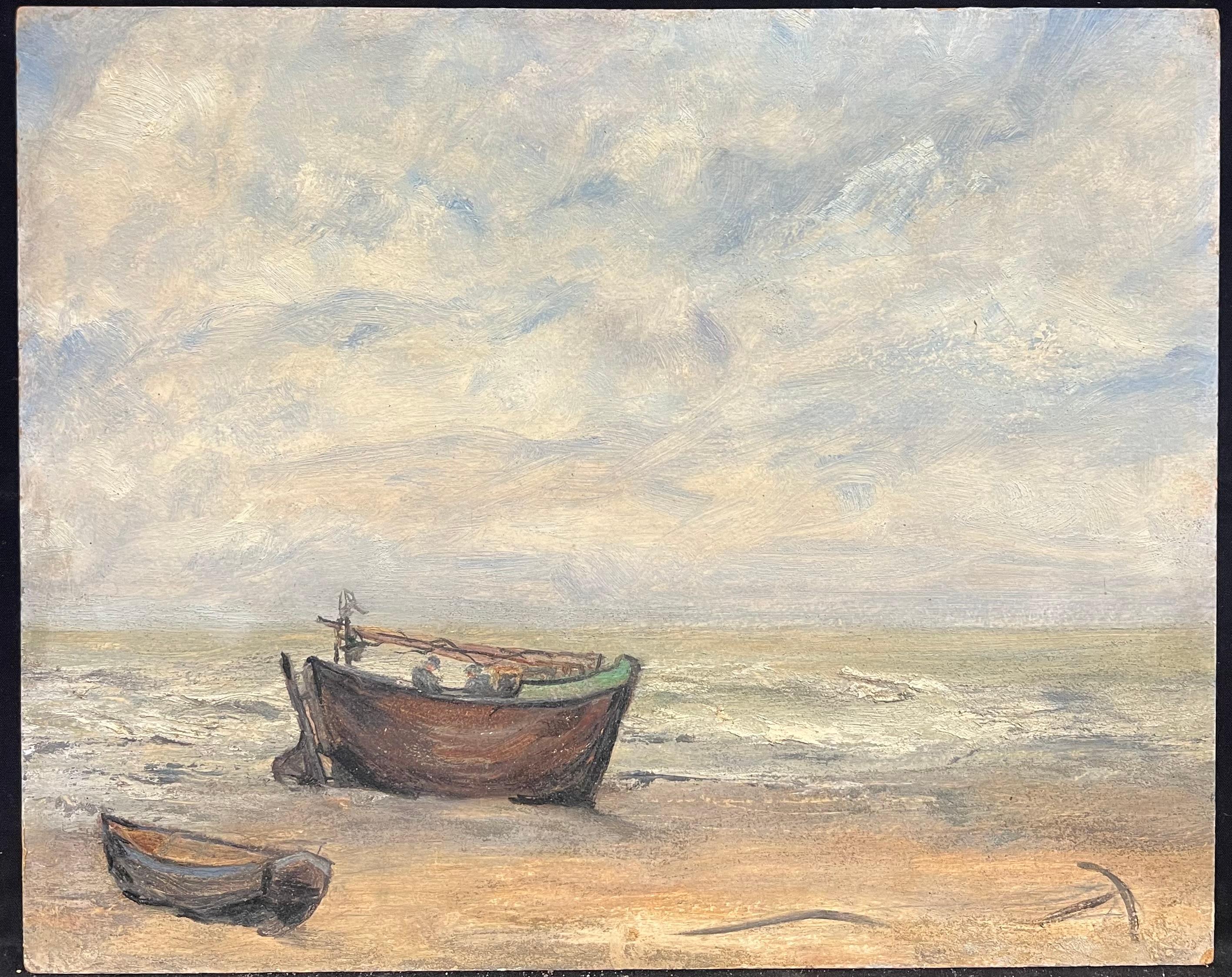 1930's French Impressionist Ruhige Küstenszene mit verwitterten Fischerbooten – Painting von Simone Forge