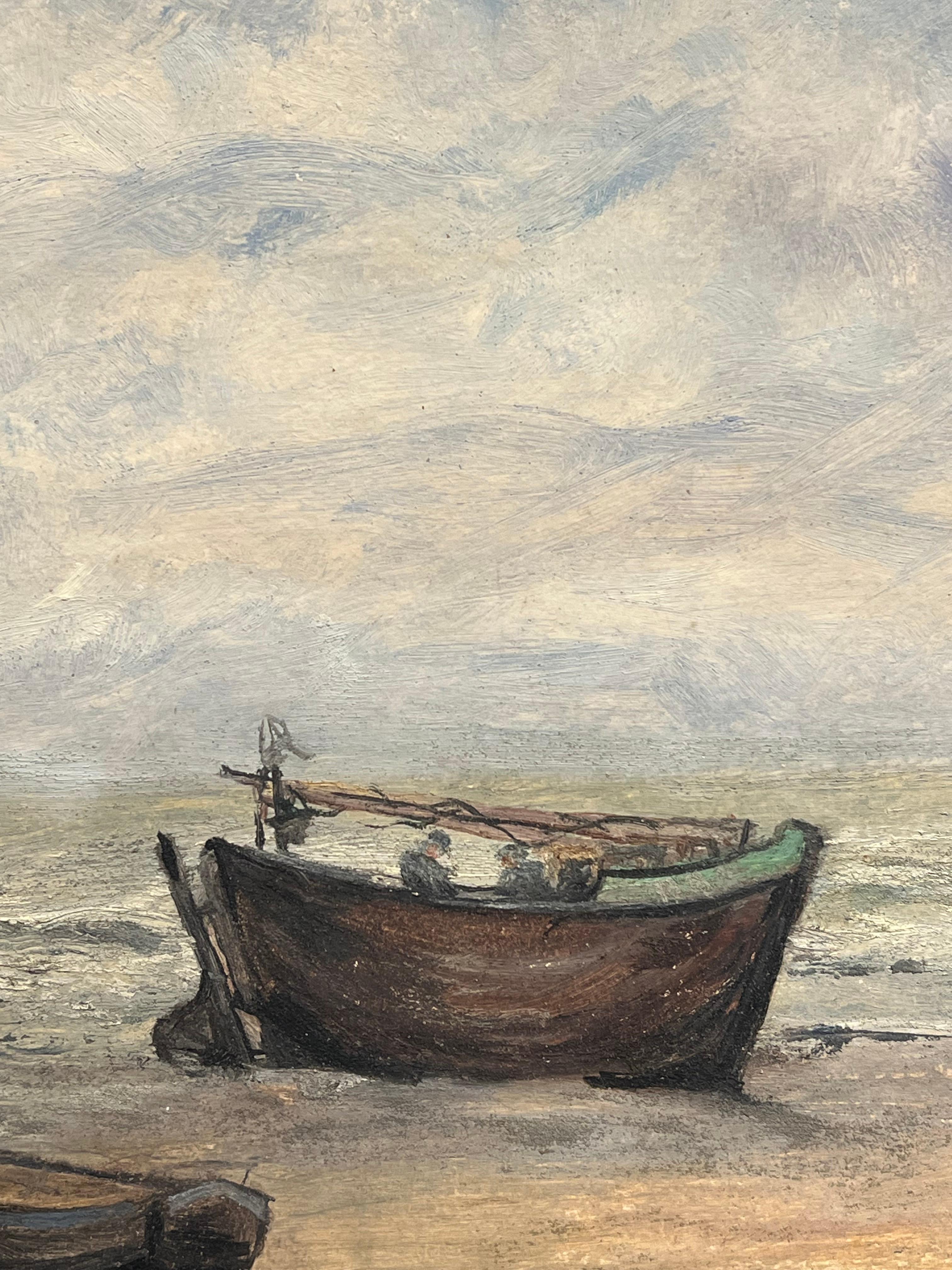 1930's French Impressionist Ruhige Küstenszene mit verwitterten Fischerbooten (Impressionismus), Painting, von Simone Forge
