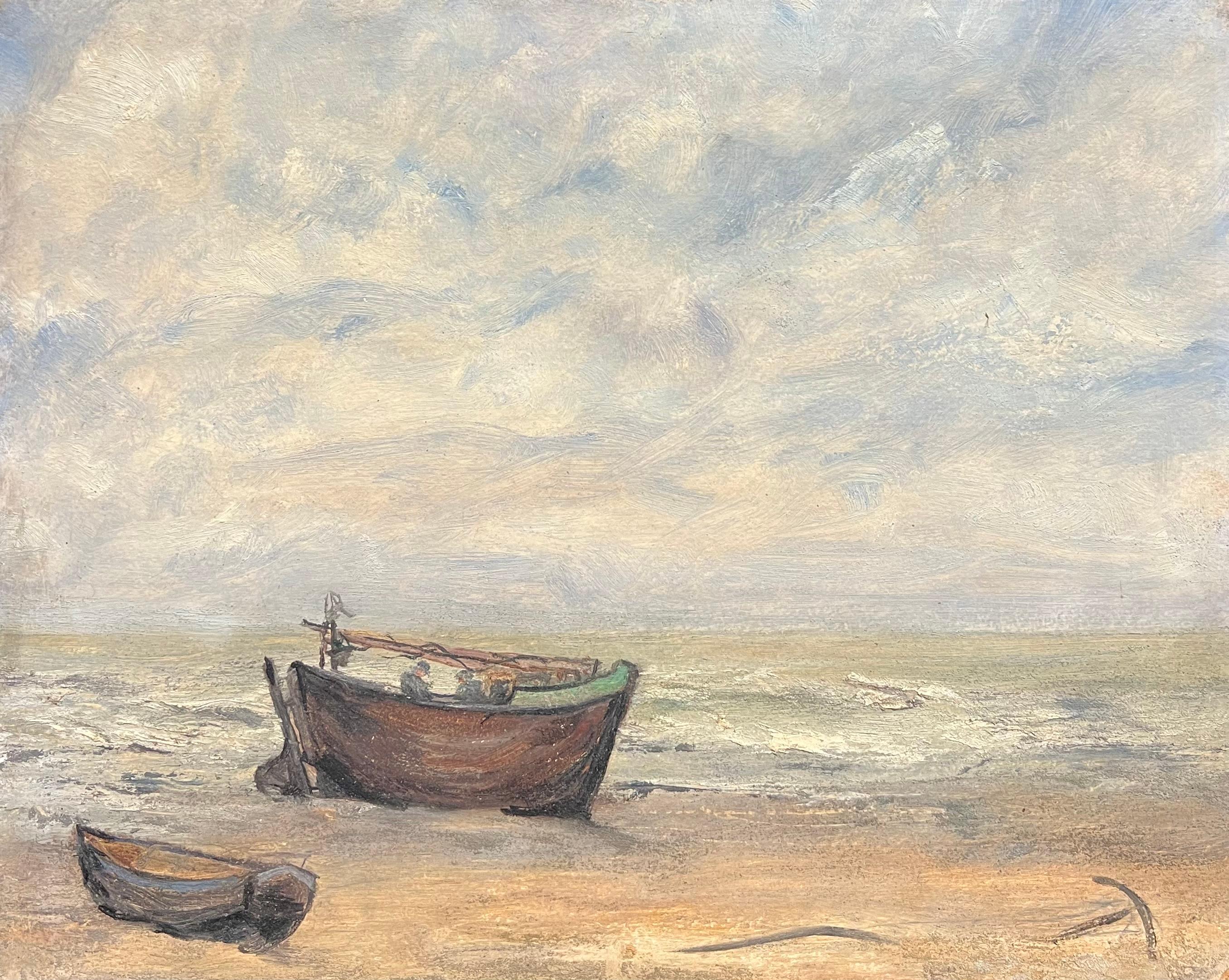 1930's French Impressionist Ruhige Küstenszene mit verwitterten Fischerbooten