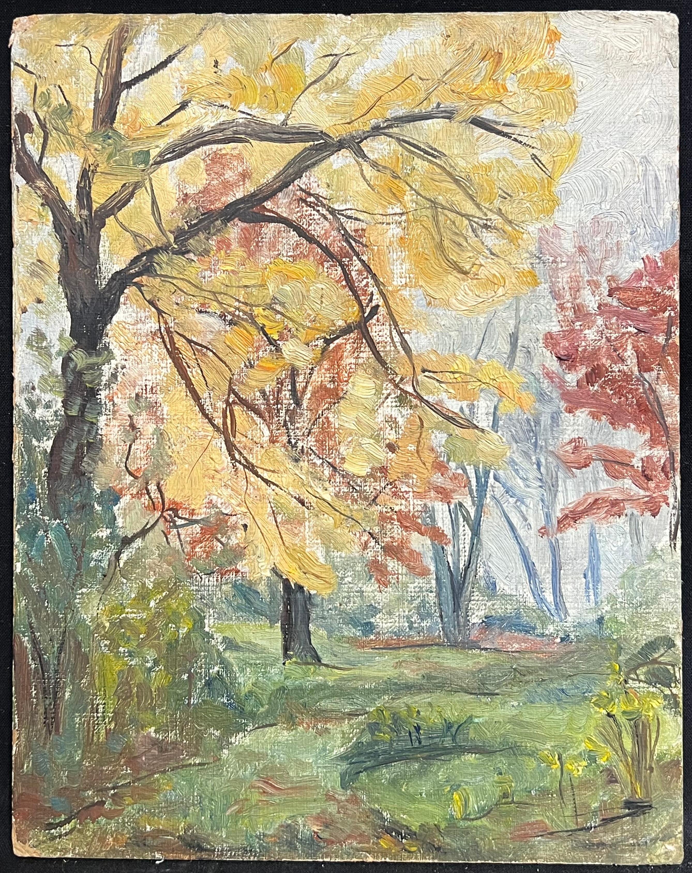 Impresionista francés de 1930 Paisaje otoñal vibrante con follaje dorado y rojo - Painting de Simone Forge
