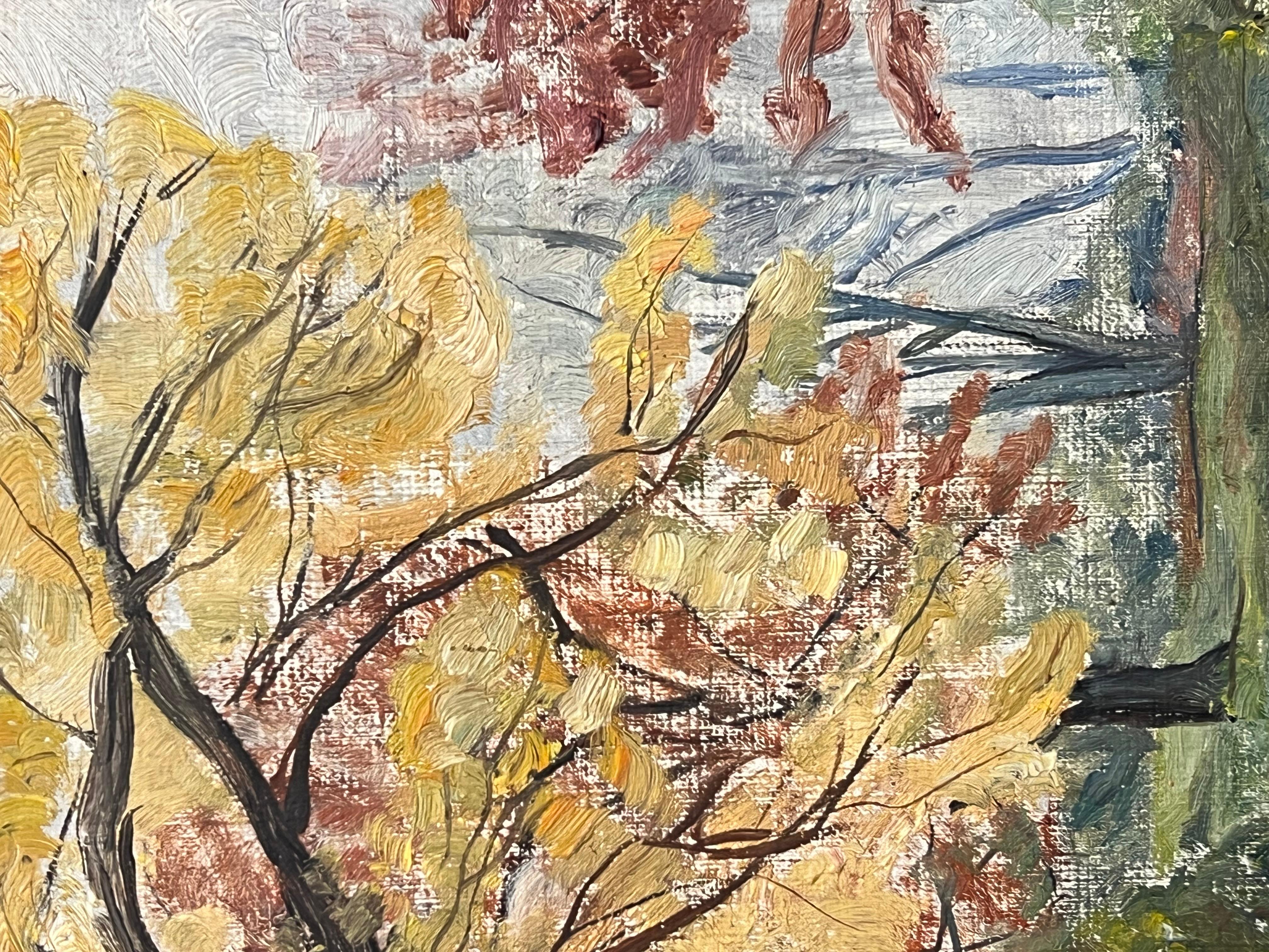 Impresionista francés de 1930 Paisaje otoñal vibrante con follaje dorado y rojo - Landscape Painting Beige de Simone Forge