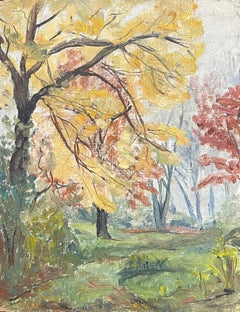 Paysage d'automne impressionniste français vibrant des années 1930 avec feuillage doré et rouge