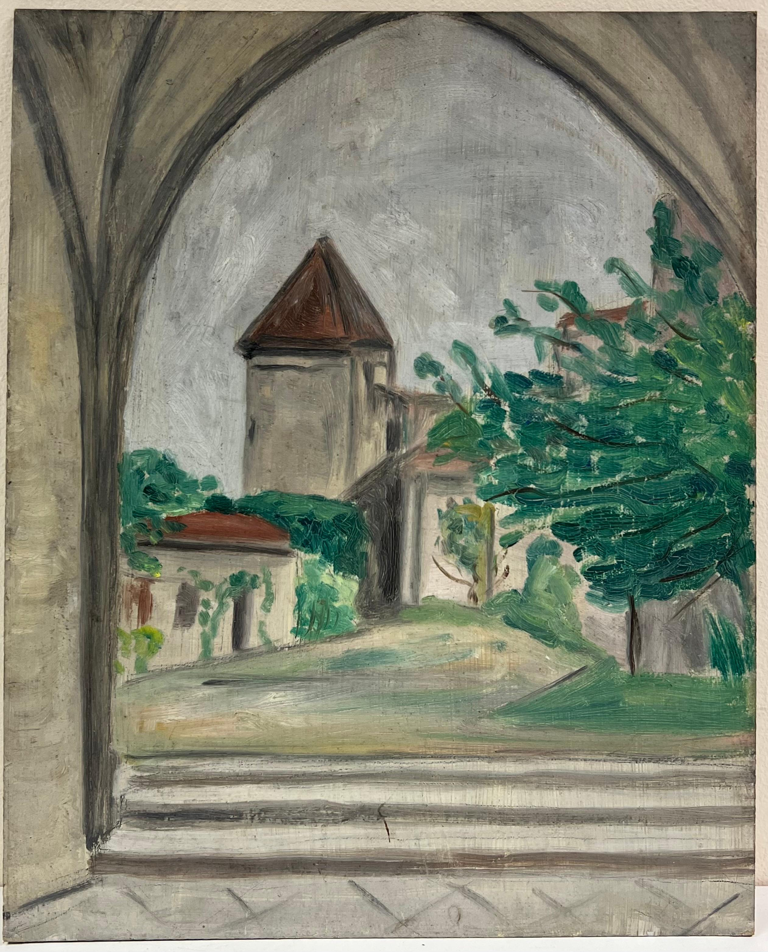 1930's French Impressionist View Through Archway to Tower and Garden - Painting by Simone Forge