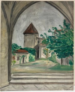 Vista impresionista francesa de 1930 a través del arco de la torre y el jardín