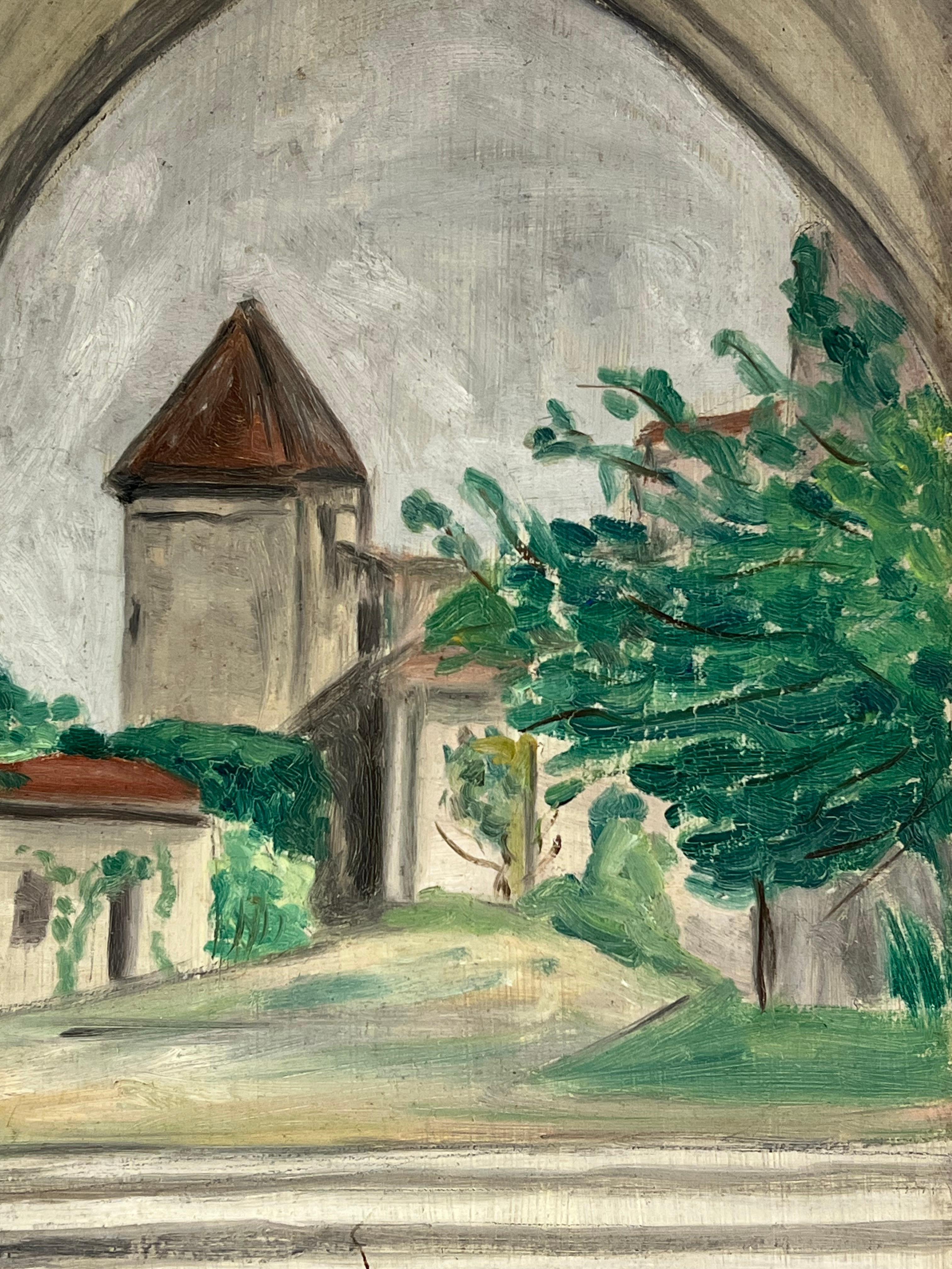 1930's French Impressionist View Through Archway to Tower and Garden - Gray Landscape Painting by Simone Forge