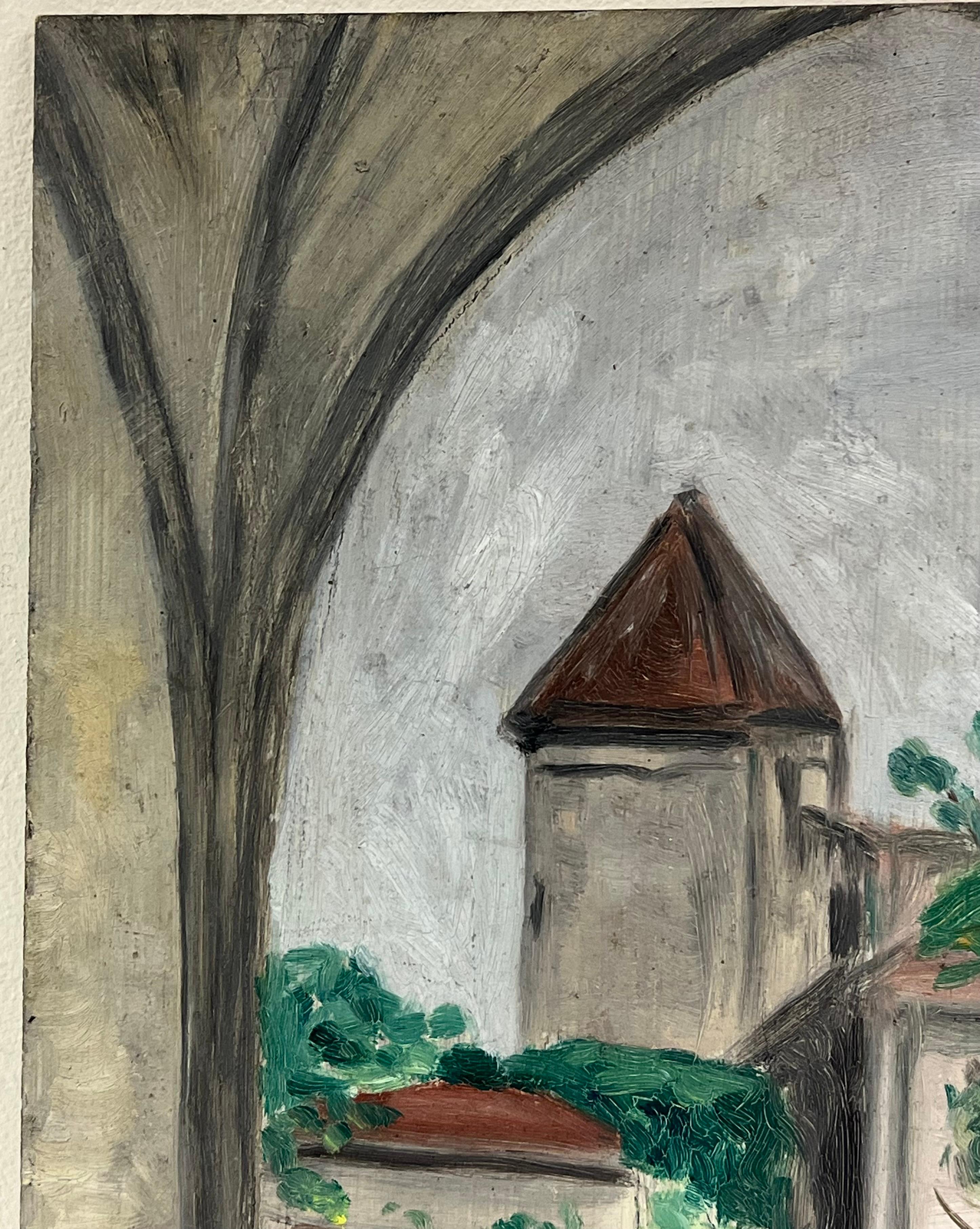 1930's French Impressionist View Through Archway to Tower and Garden For Sale 1