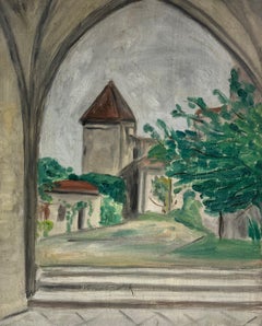 Vue impressionniste française des années 1930 à travers l'arche, la tour et le jardin