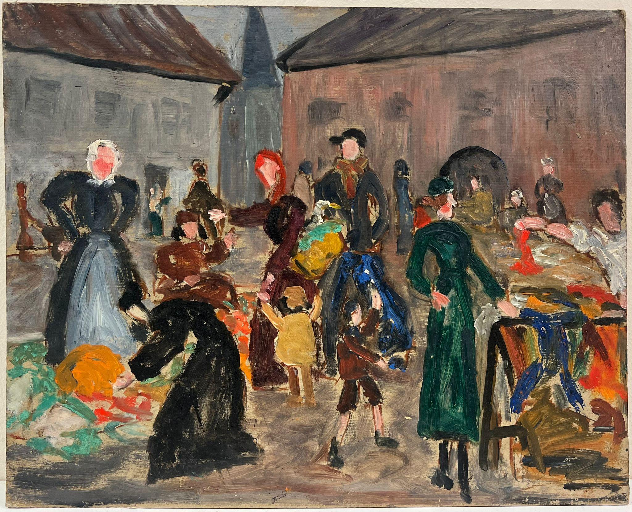 Scène de marché française post-impressionniste des années 1930 avec de nombreux personnages - Painting de Simone Forge