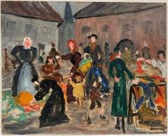 1930's French Post Impressionist Busy French Market Scene Many Figures