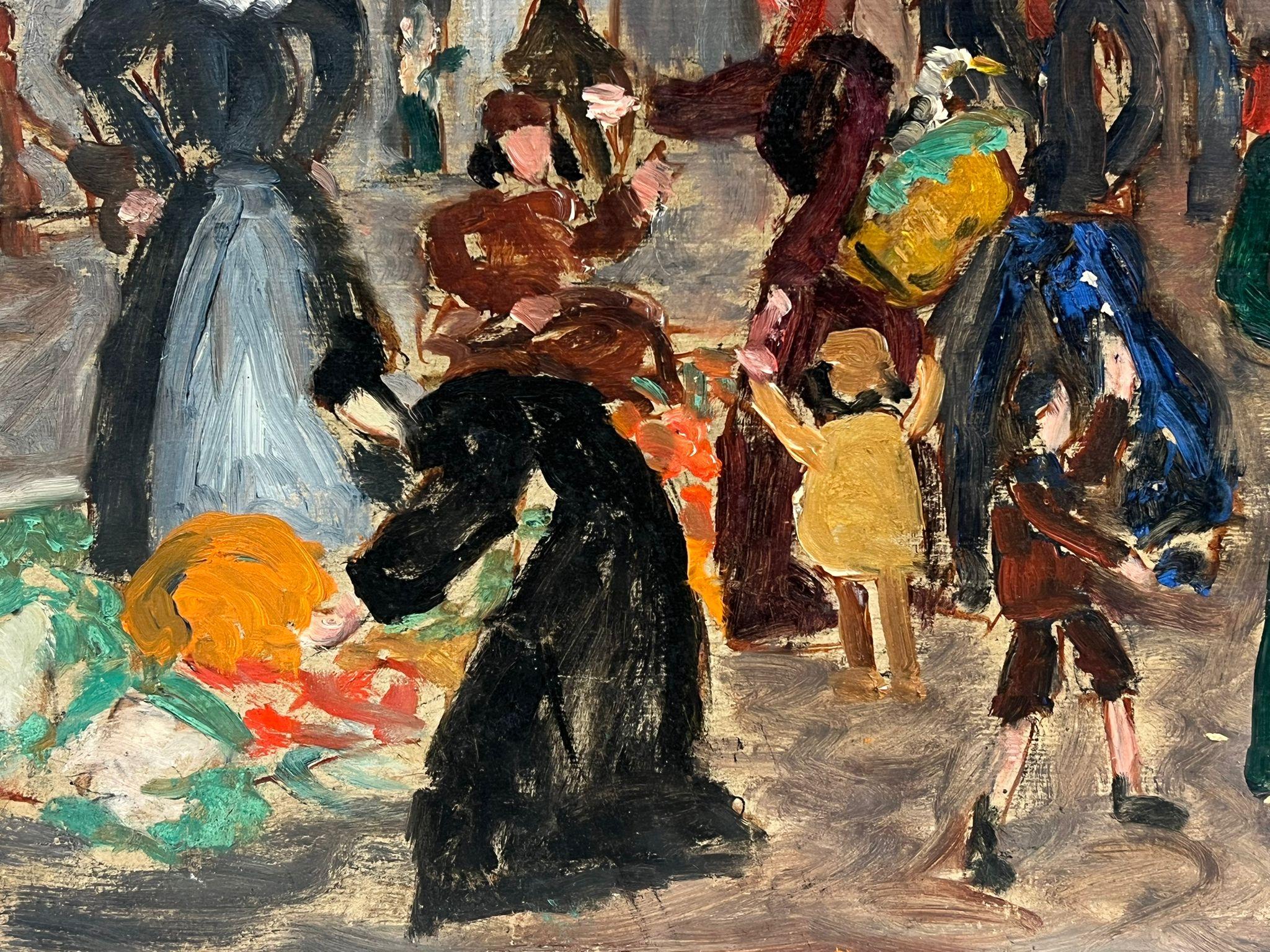 Scène de marché française post-impressionniste des années 1930 avec de nombreux personnages - Gris Landscape Painting par Simone Forge