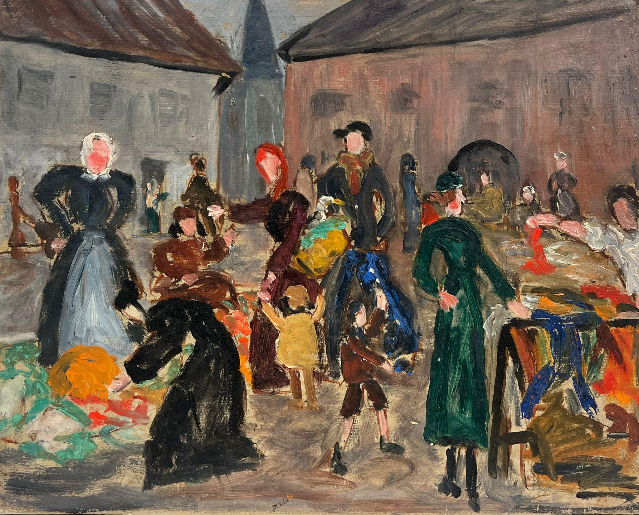 Landscape Painting Simone Forge - Scène de marché française post-impressionniste des années 1930 avec de nombreux personnages