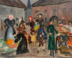 1930's French Post Impressionist Busy French Market Scene Many Figures