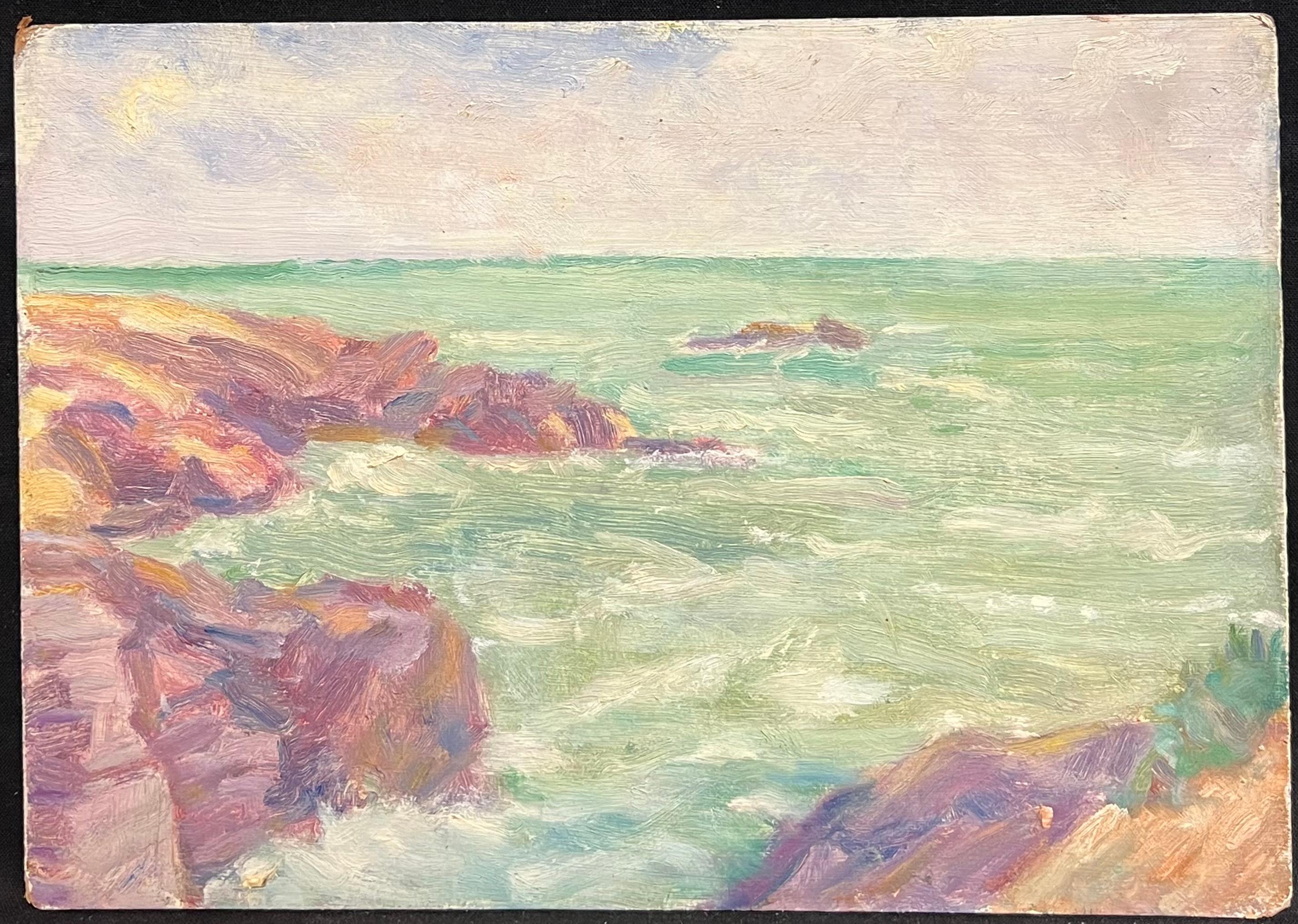 1930's Impressionistic Coastal Scene with Sunlit Rocks and Turquoise Waters - Painting by Simone Forge