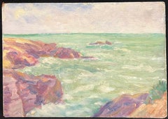 Impressionistische Küstenszene aus den 1930er Jahren mit sonnenbeschienenen Felsen und türkisfarbenem Wasser