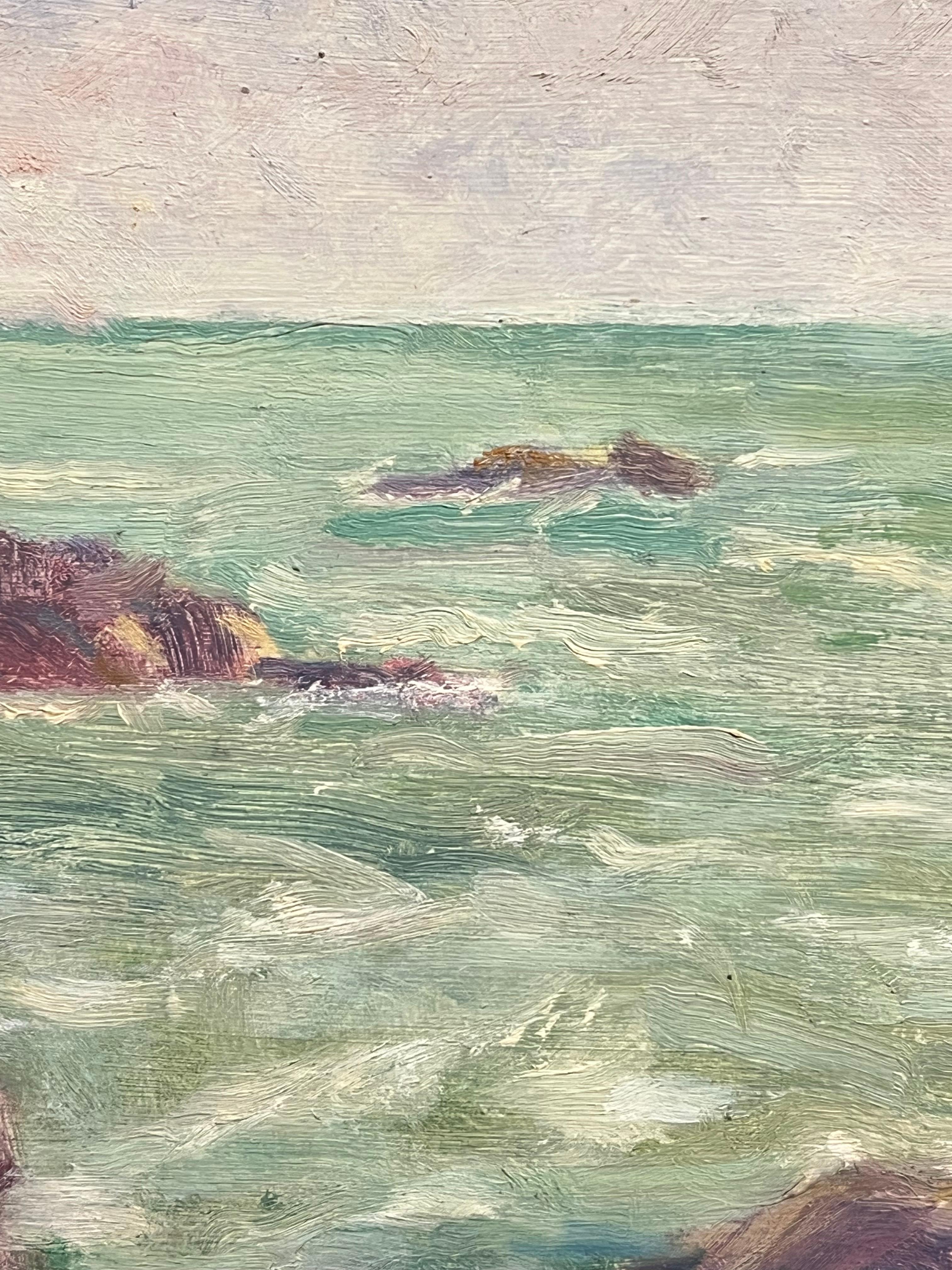 1930's Impressionistic Coastal Scene with Sunlit Rocks and Turquoise Waters - Beige Landscape Painting by Simone Forge