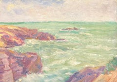 Scène côtière impressionniste des années 1930 avec rochers éclairés et eaux turquoises