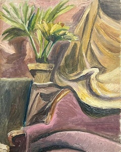 Antique 1930's Interior Still Life with Potted Plant and Draped Fabric on Ornate Chair