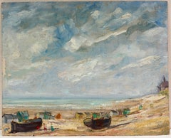 1950's French Impressionist Coastal Landscape with Beached Boats and Hazy Sky