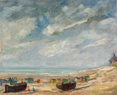 Antique 1950's French Impressionist Coastal Landscape with Beached Boats and Hazy Sky
