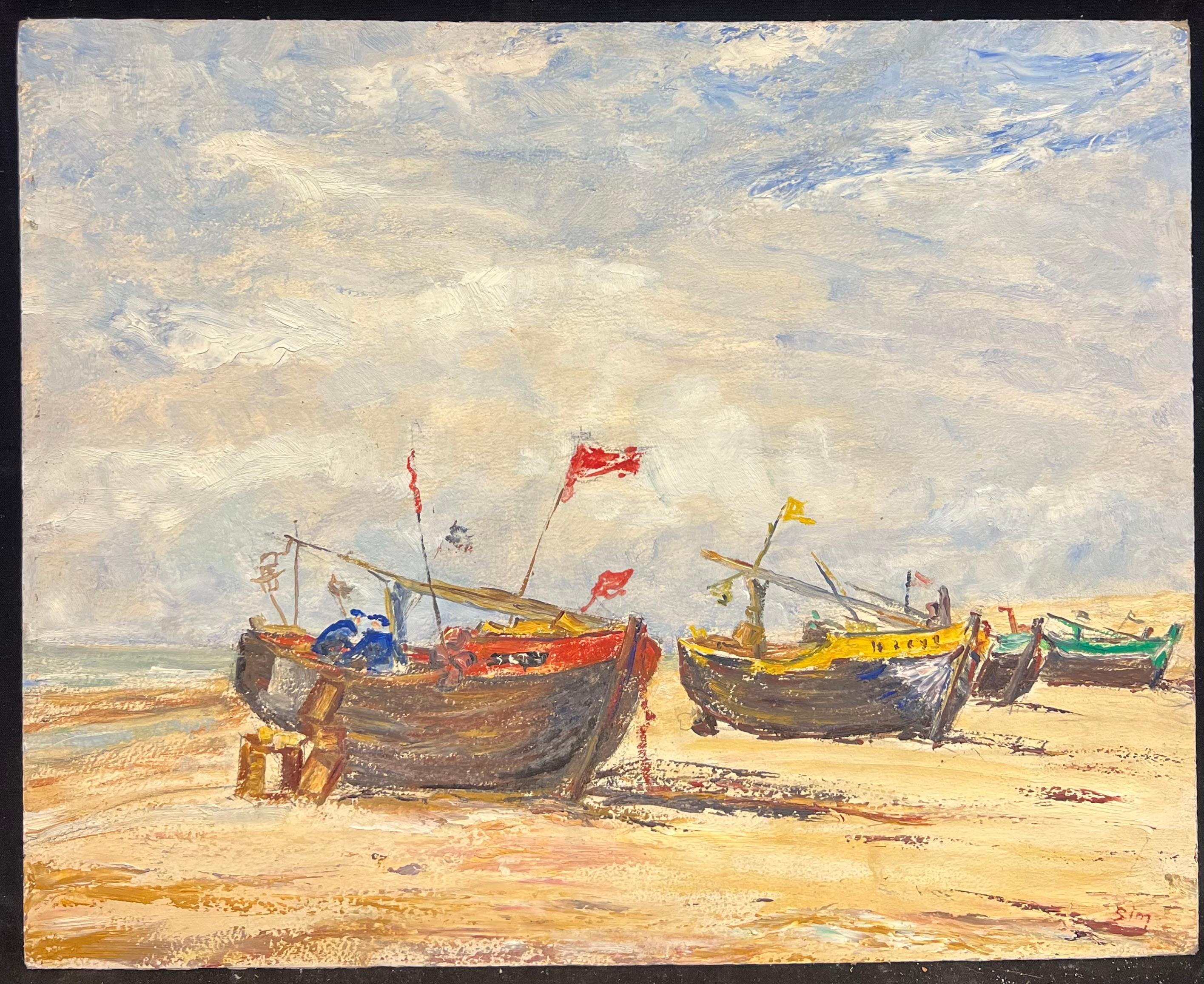 1950's French Impressionist Bunte Fischerboote, die am Strand liegen Öl – Painting von Simone Forge