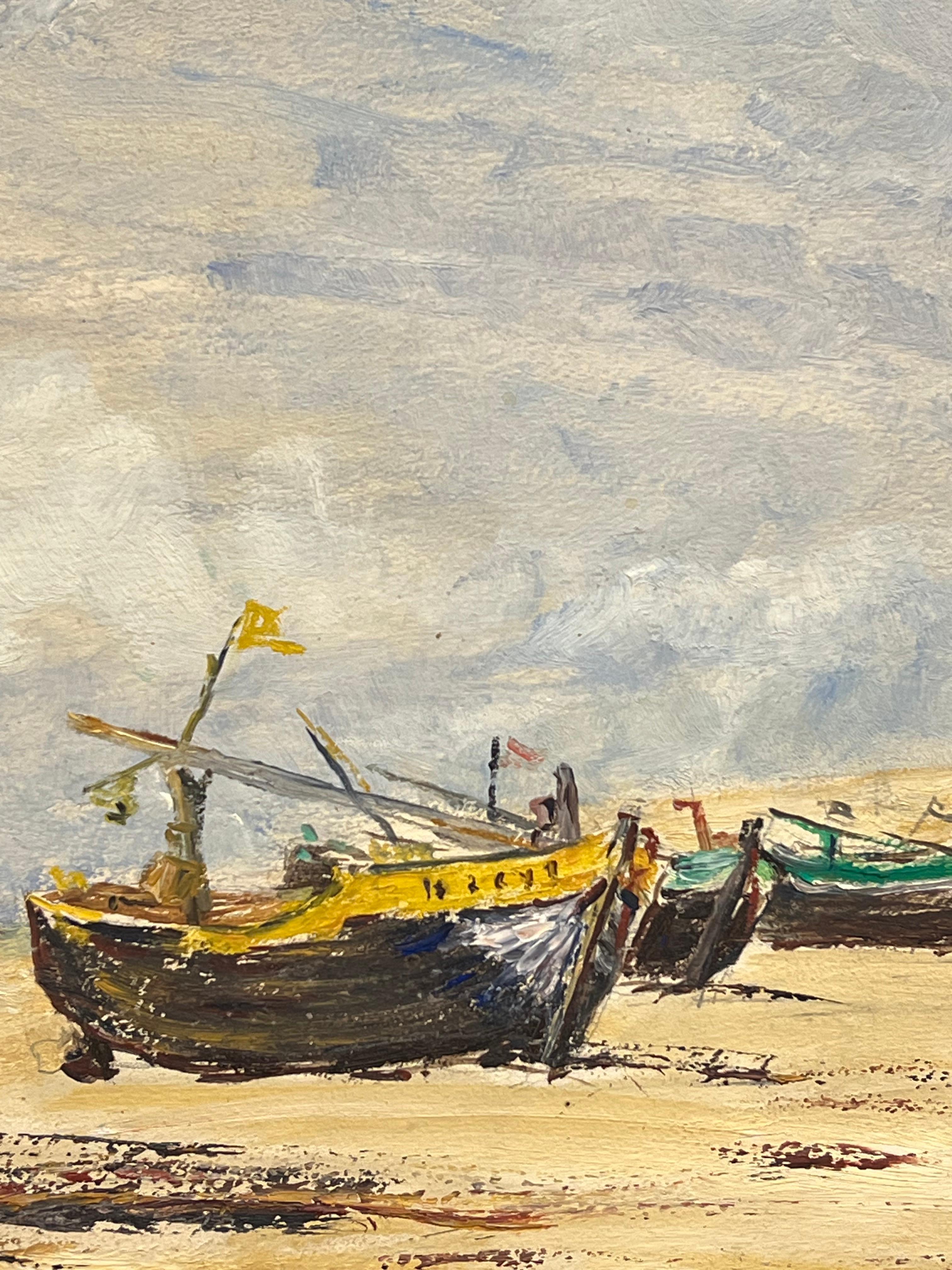 1950's French Impressionist Bunte Fischerboote, die am Strand liegen Öl (Impressionismus), Painting, von Simone Forge