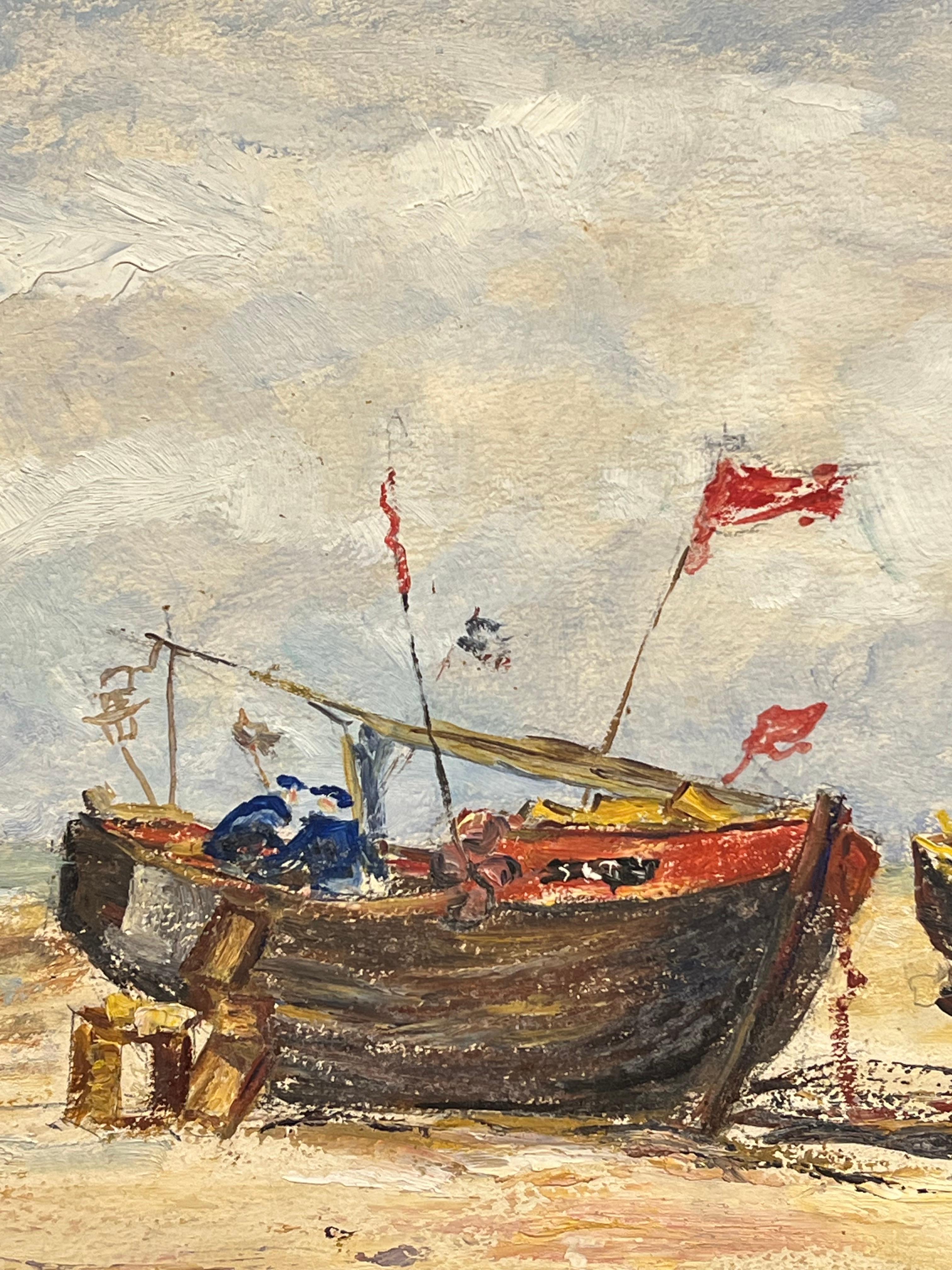 1950's French Impressionist Bunte Fischerboote, die am Strand liegen Öl (Beige), Landscape Painting, von Simone Forge