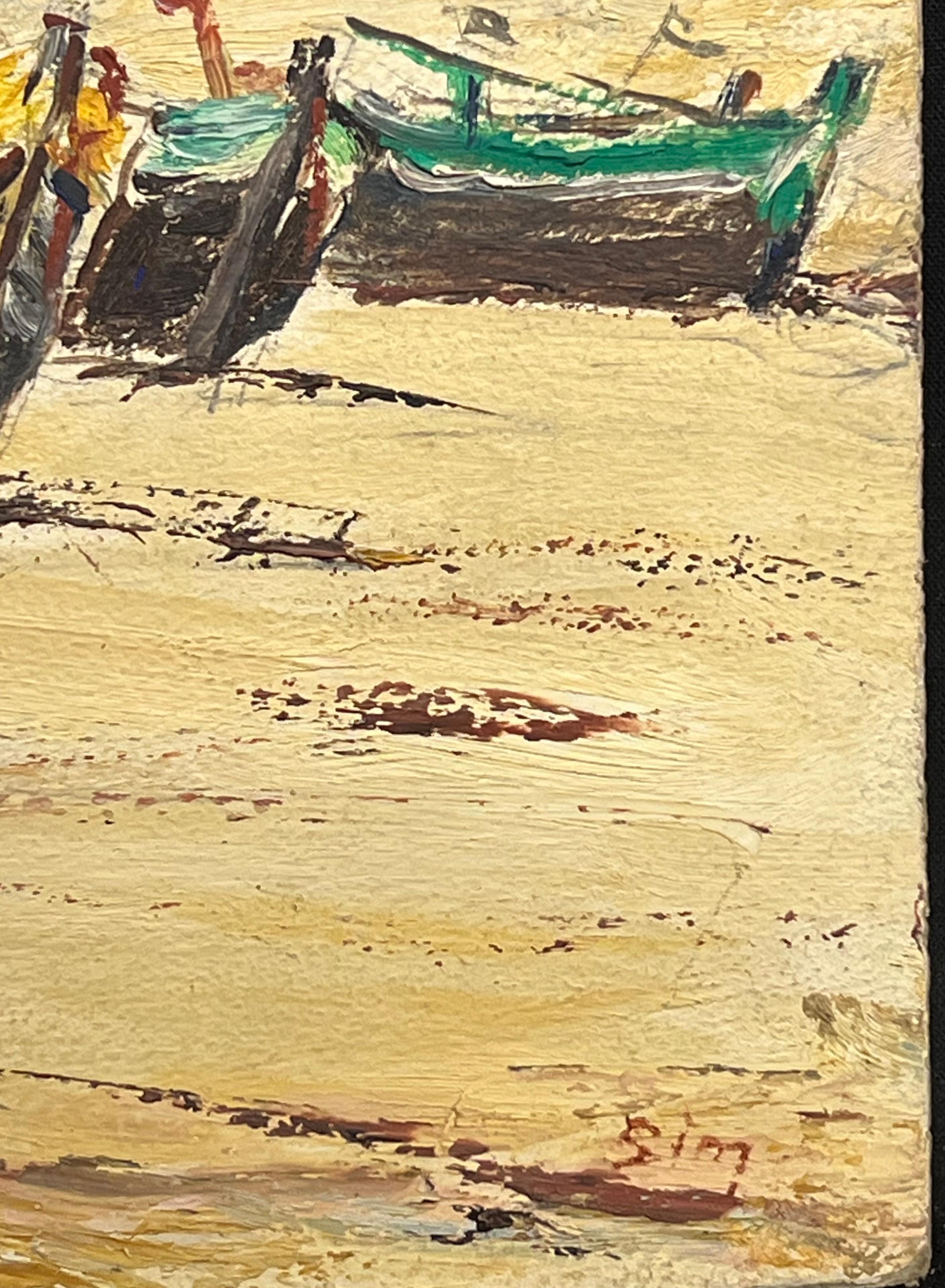 1950's French Impressionist Bunte Fischerboote, die am Strand liegen Öl im Angebot 1