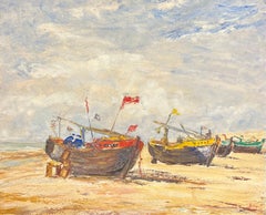 Huile impressionniste française des années 1950 Bateaux de pêche colorés se reposant sur la plage