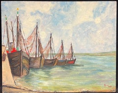 1950's French Impressionist Fishing Boats Moored Harbour Estuary