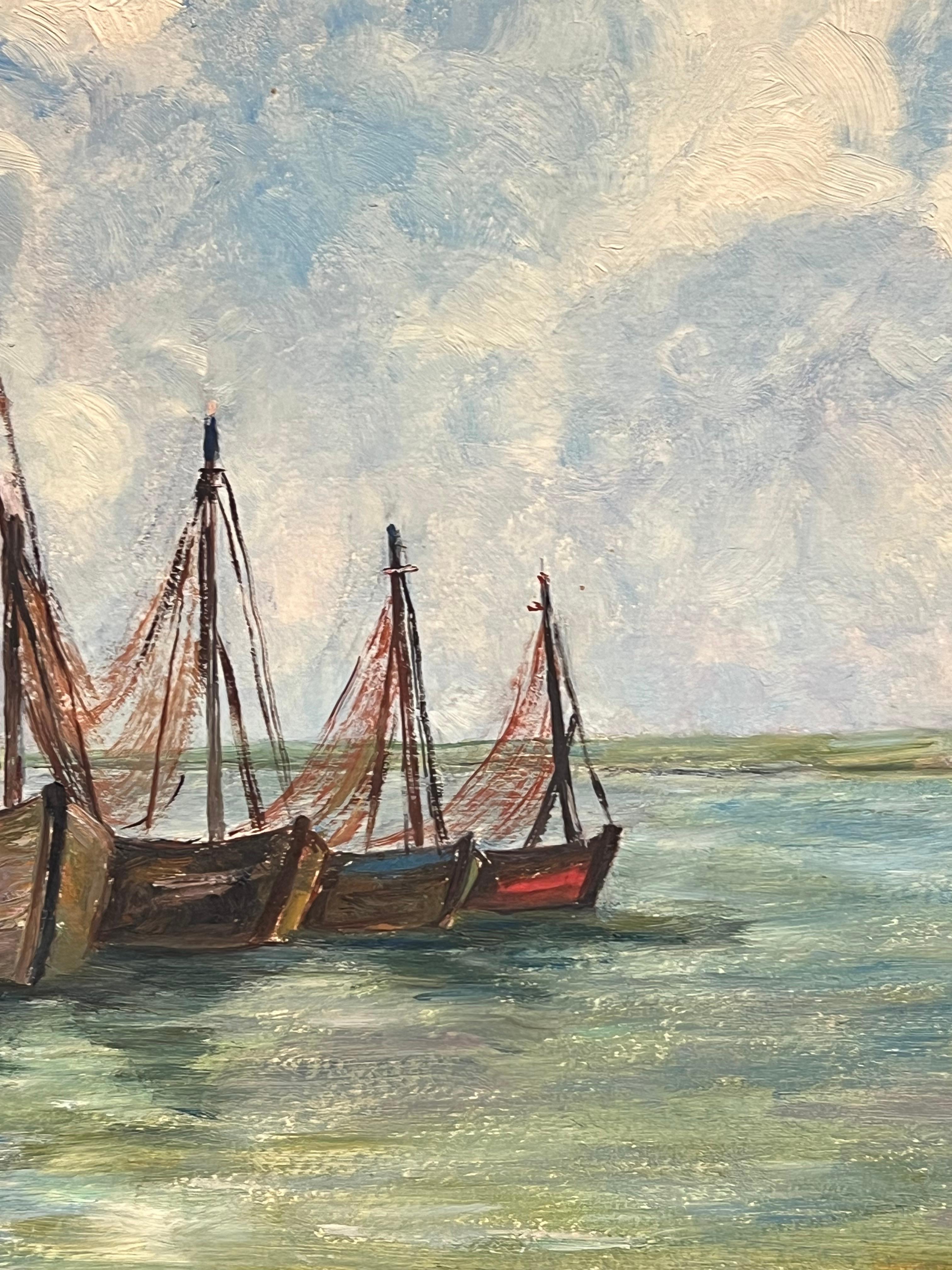 Barcos de pesca impresionistas franceses de los años 50 Atracados en el estuario del puerto - Painting Impresionista de Simone Forge